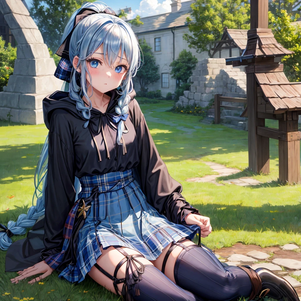 patina hair、blue eyes、Braid、ponytail、one good looking girl、solo、anime、Plaid miniskirt、camisole、black t-shirt、Tilting your face、Doing the ribbon、Ribbon at waist、cloak、Crystal Grotto、wearing a hood、look back、sitting straight、grass、clouds are being sucked in