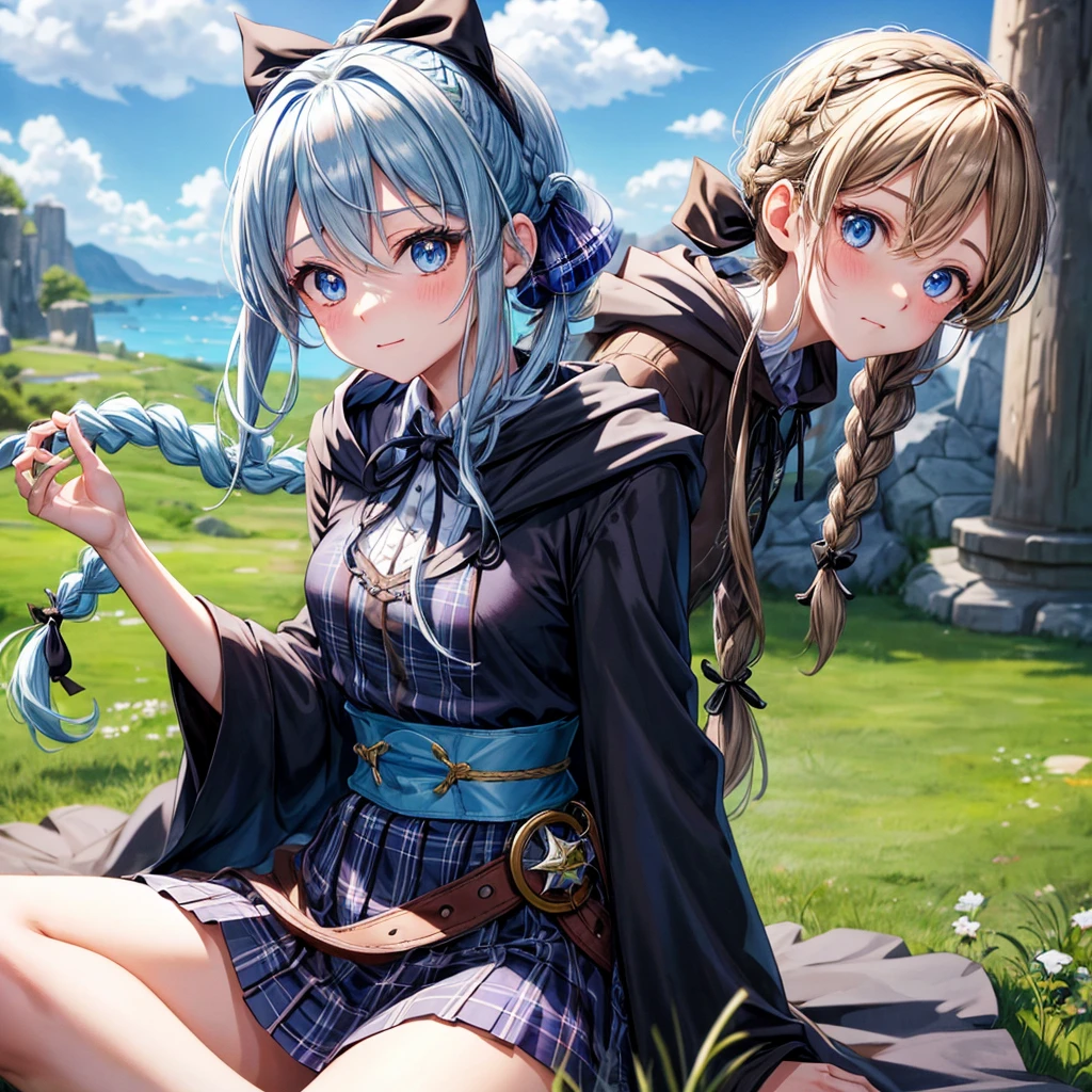 patina hair、blue eyes、Braid、ponytail、one good looking girl、solo、anime、Plaid miniskirt、camisole、black t-shirt、Tilting your face、Doing the ribbon、Ribbon at waist、cloak、Crystal Grotto、wearing a hood、look back、sitting straight、grass、clouds are being sucked in