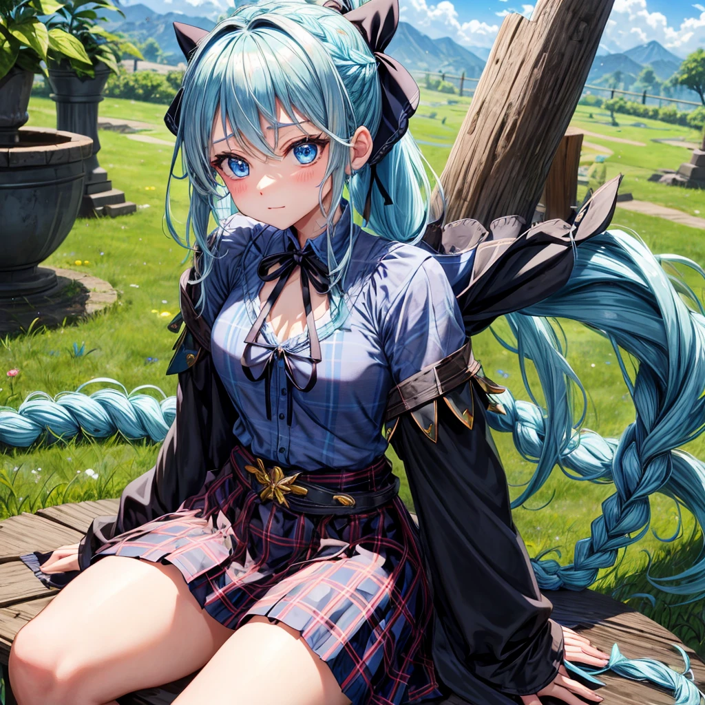patina hair、blue eyes、Braid、ponytail、one good looking girl、solo、anime、Plaid miniskirt、camisole、black t-shirt、Tilting your face、Doing the ribbon、Ribbon at waist、cloak、Crystal Grotto、wearing a hood、look back、sitting straight、grass、clouds are being sucked in