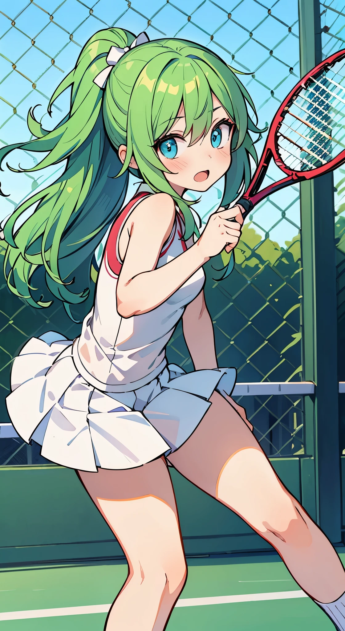 ((A Pretty girl with green hair and blue eyes)), ((wearing tennis wear)), with a tennis racket, Baby face, ((master piece, top-quality, ultra-definition, high resolution)), anime girl, ((ultra-detailed illust:1.2)), only one person, bangs, hair between eye, beautiful hair, Shiny eyes, Medium breasts, Blushing, embarrassed, opened mouth, on the tennis court
