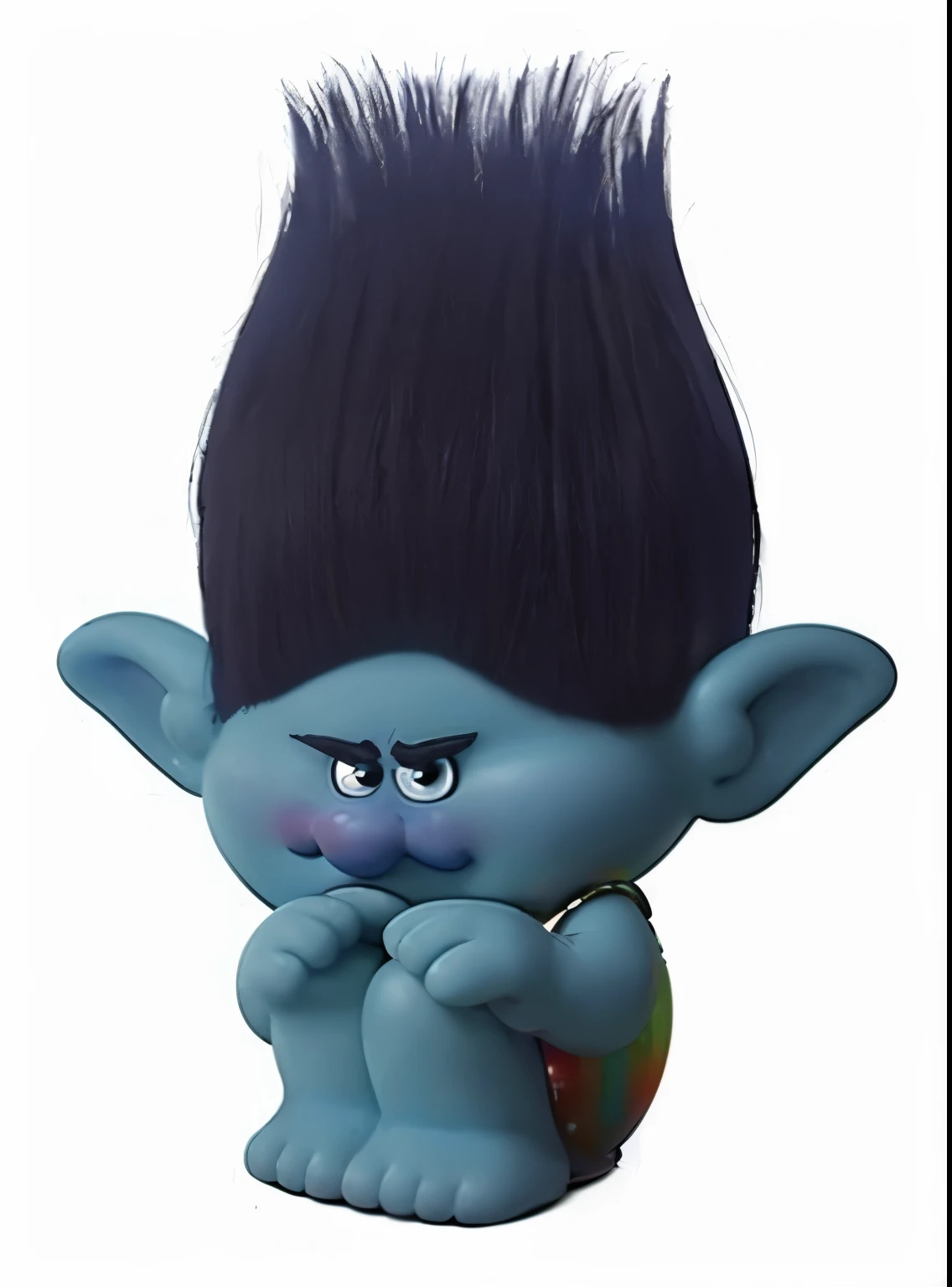 Troll from the cartoon "Trolls", blue troll, troll sitting on the floor, textured light blue skin, blue hair texture, blue hair hairstyle, clear round blue eyes, purple troll nose, blue thickThe image shows a blue troll with a purple nose and blue hair. The troll has blue thick fluffy eyebrows and evil round blue eyes The image depicts a close-up of a character from the animated movie Trolls World Tour. The character has blue skin, a black afro, and is making a surprised face. The focus is on the character's blue face with large blue eyes, thick eyebrows, and a purple mouth. The background is a solid blue color. The image is a still from the cartoon "Trolls". The blue troll character is depicted with an emotion of surprise. with a straight hairline. It shows a close-up of a blue troll with two large blue curly eyes raised up in surprise. The troll has a blue face with dark blue eyebrows and blue eyes. He has a big purple nose underneath. He has a big purple nose underneath. It features a close-up of a blue troll with a large afro of hair. The troll has a blue face with dark blue eyebrows and blue eyes with black eyelashes. He has a purple nose blue troll with big blue eyes and black eyebrows. blue troll with black hair and large blue eyes. The troll has thick eyebrows and long eyelashes. glossy trolls with and glossy texture, smooth 3d model, multiple light sources, rim light, sharp post effects render, (glossy metallic texture with multiple big light probe refractions), perfect cgi, anthropomorphic cat, digital art, detailed digital art, reflective, best quality, 4k, masterpiece:1.2, ultra-detailed, realistic, vivid colors, dark and moody lighting, The image of the highest quality, ensuring every detail showcased perfectly. It in 4k resolution, allowing viewers to immerse themselves in the richness of the colors and intricate details. The realistic rendering. under the spotlight, reflecting, high-resolution image, realistic rendering, dark background, and rim light