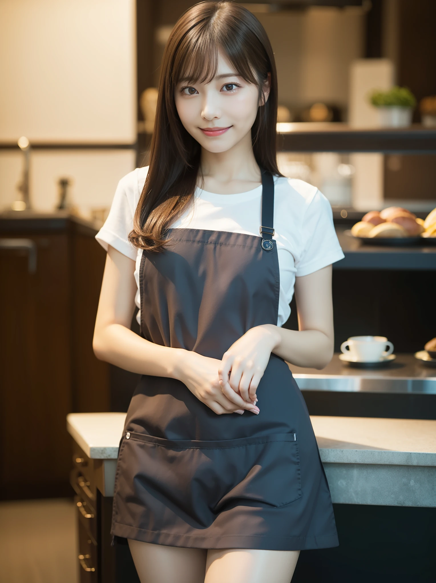 In 8K,highest quality:1.4, Super high resolution:1.5, (realistic:1.4),masterpiece:1.2,(highest quality:1.4)、 RAW photo、 １japanese girl、 cute、medium breasts:1.5、 (alone:1.8)、kitchen、 (shy smile:1.3), smooth skin、30 years old:1.5、beautiful black eyes、natural skin texture:1.3, Realistic eye and face details:1.8、 (brown medium hair,bangs), (touch hair:1.4)、Nogizaka、cute colorful apron、cafe clerk、supple fingertips、beautiful black eyes、natural skin texture:1.3, Realistic eye and face details:1.7、look at the viewer、full body shot:1.8、beautiful feet、gravure、attractive girl、thighs thighs thighs、standing、coffee