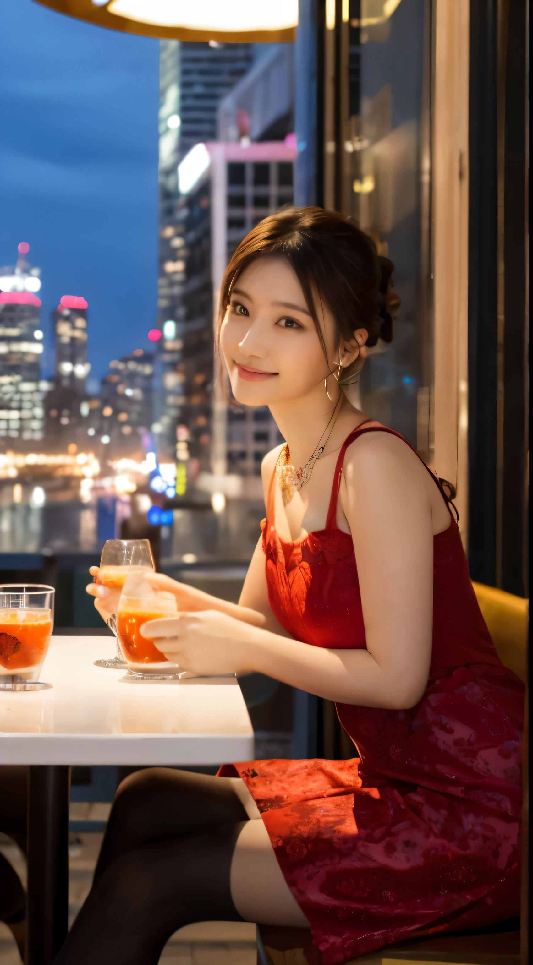 high-definition images, atmospheric perspective, 8k, super detail, accurate, best quality, angle from below, a woman, drooping eyes, sleepy face, blush, in the city, busy, skyscrapers, skirt, thick tights, high boots, shoulder bag, necklace, restaurant with large windows, takes a seat, (other customers), night scene, windows have harbor view, foods, hair up, red floral dress , Valentine day outfit, Valentine day vibe