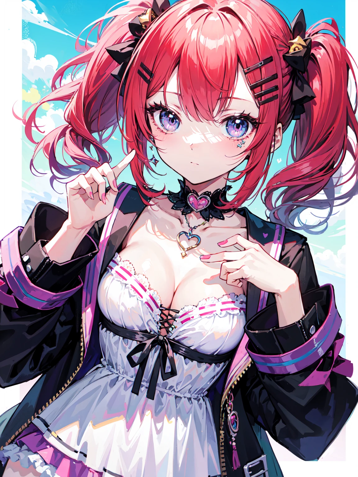 masterpiece, kawaii, Cute,1 girl, medium hair, twintails, deep red hair, purple eyes. Her outfit is fluffy and soft, With decora accessories like hair clips. She embodies a vibrant and trendy Harajuku fashion style. medium breasts, sky