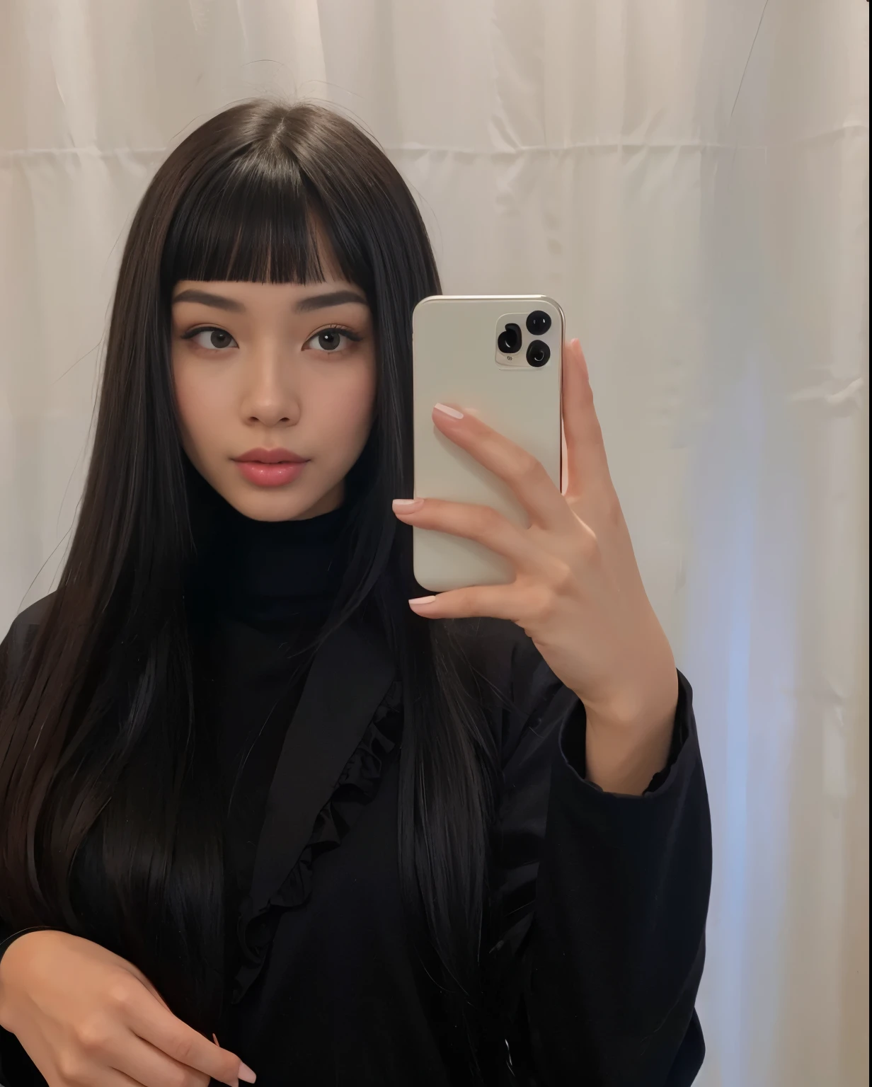 there is a woman taking a selfie with her cell phone, she has black hair com franja, Ulzzang, long hair com franja completa, corte de cabelo preto hime, long hair com franja, o corte Hime, com franja completa, penteado com corte hime branco, Franja reta longa, cabelo preto com franja, neat hair com franja, com franja, long black hair com franja
