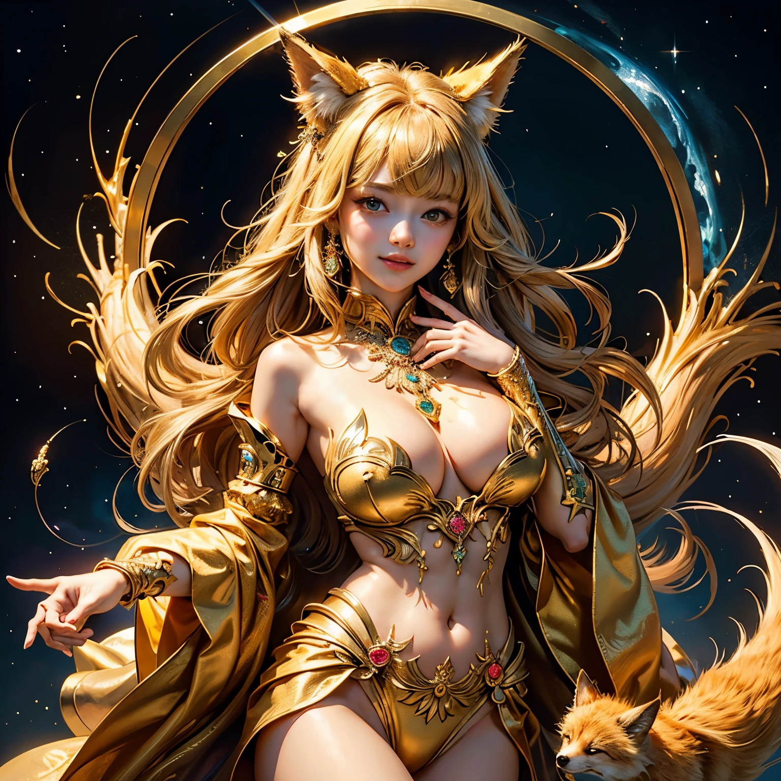 (masterpiece、highest quality、highest quality、official art、beautiful beautiful:1.2)、(1 girl)、very detailed、(fractal art:1.3)、colorful、most detailed soft smile big breasts soft expression laughter Gold Nine Tail Fox big breasts Flashy Gold background Happy very bright There's gold There There's gold There facing the front Bangs are parting my hands are tired
