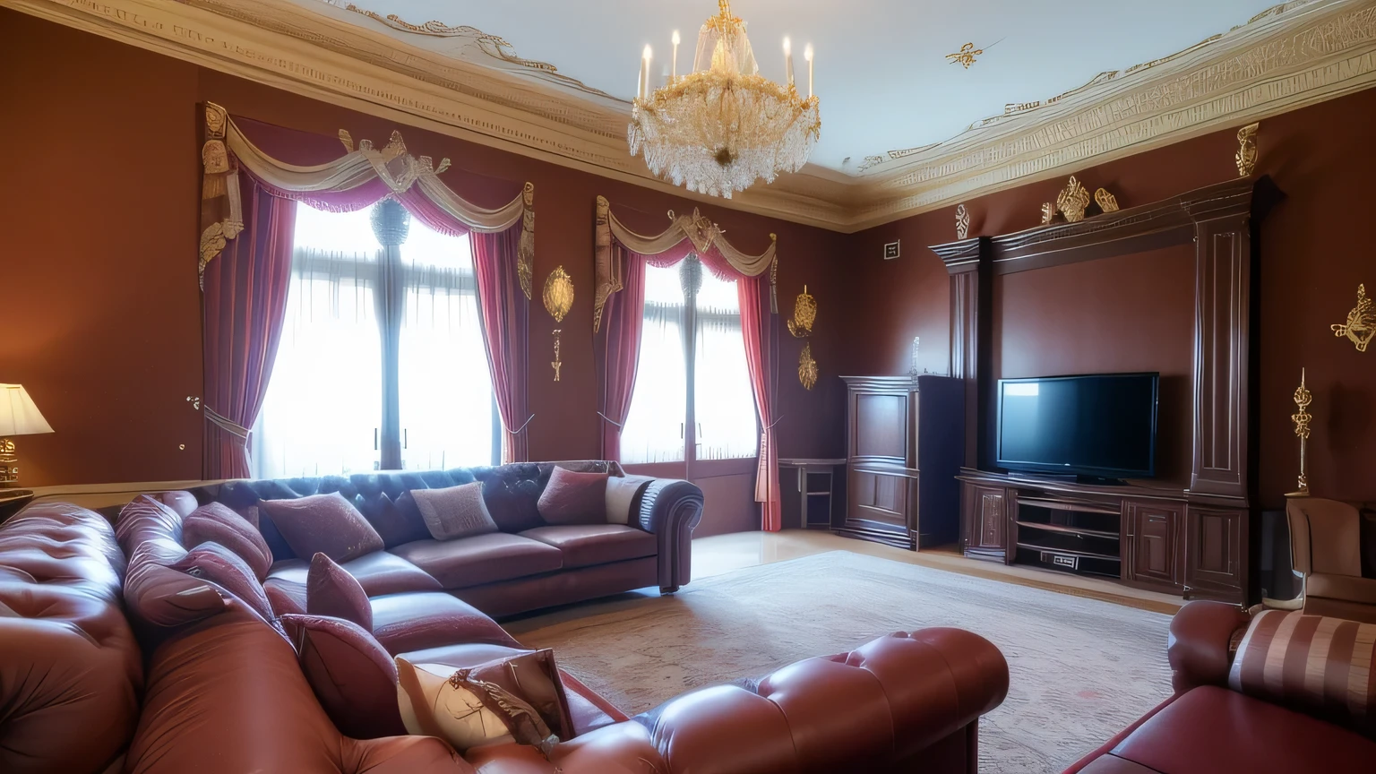 Uma grande sala de estar, branca com moveis extremente bonitos, dois sofas, uma tv longa, e uma grande janela de vidro, uma sacada quase, a beautiful mansion.