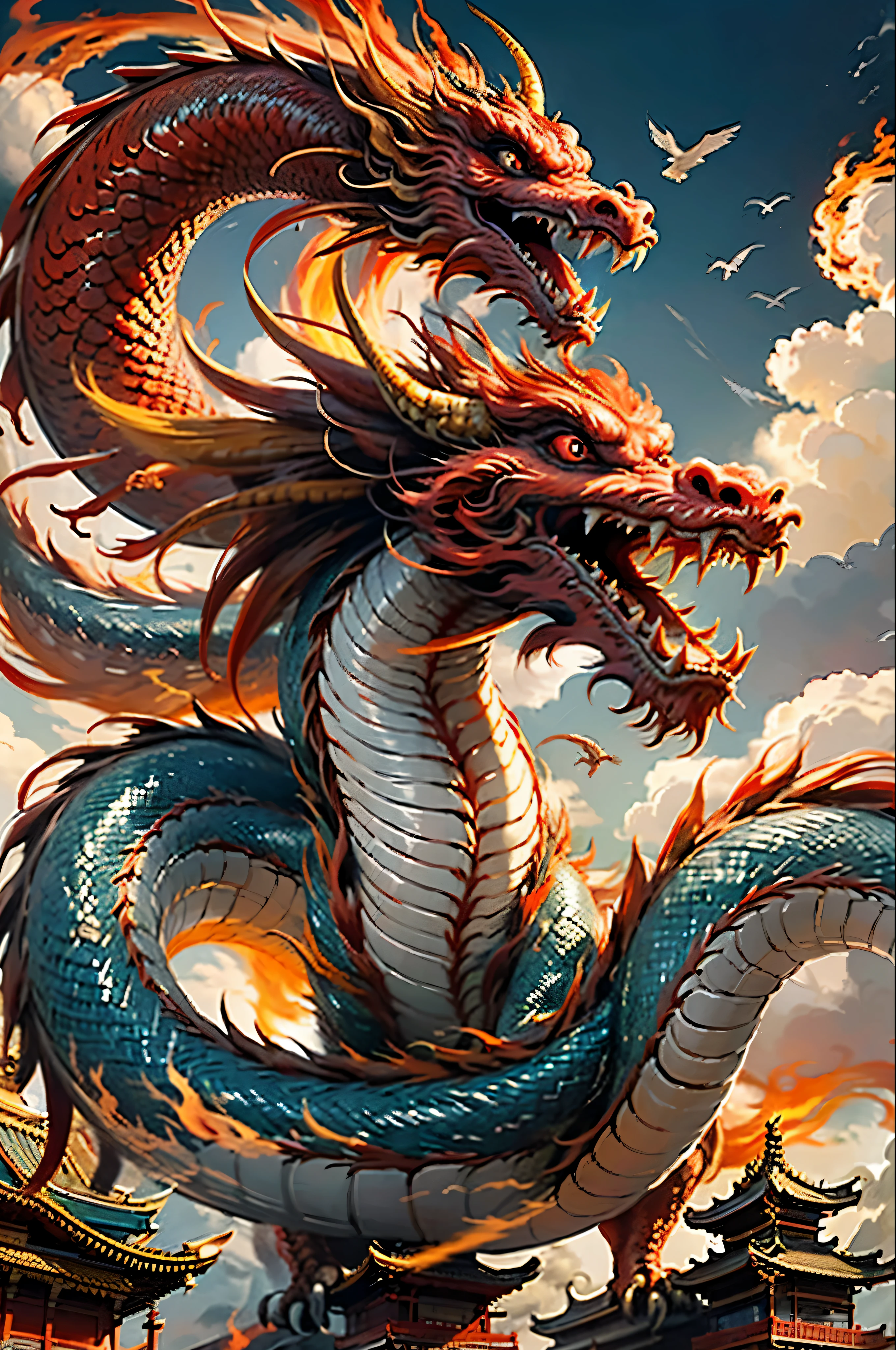 best quality,masterpiece,ultra high resolution,nu no humans, (long:1.2),no humans, cloud, architecture, east asian architecture, red eyes, trumpet, open mouth, Sky, fangs, Oriental Dragon, cloudy Sky, teeth, flight, fire, bird, wing