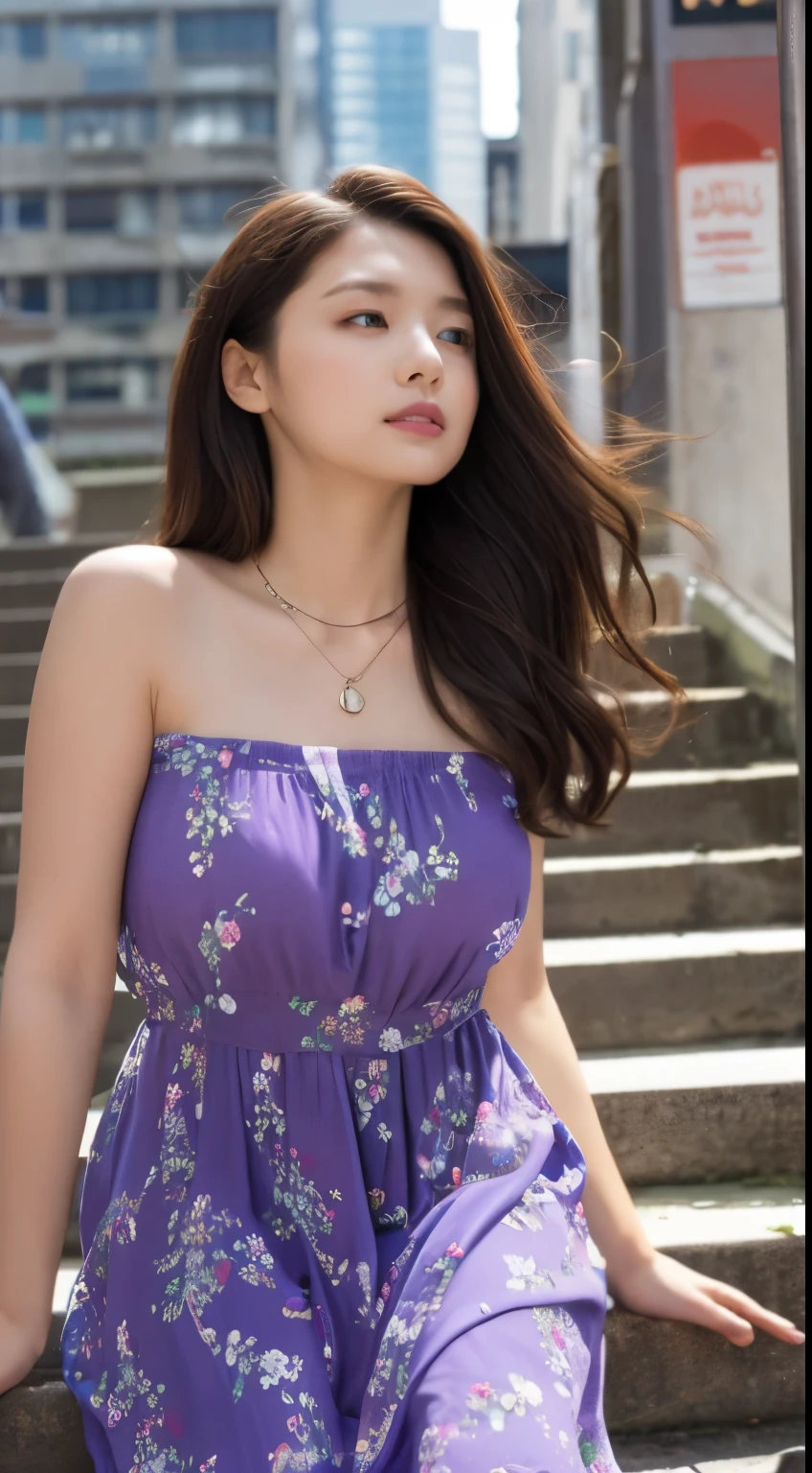high-definition images, atmospheric perspective, 8k, super detail, accurate, best quality, angle from below, a woman, drooping eyes, sleepy face, blush, in the city, (floral purple dress), thick tights, high boots, shoulder bag, necklace, standing portraits ,day scene, stairs view, hair up,