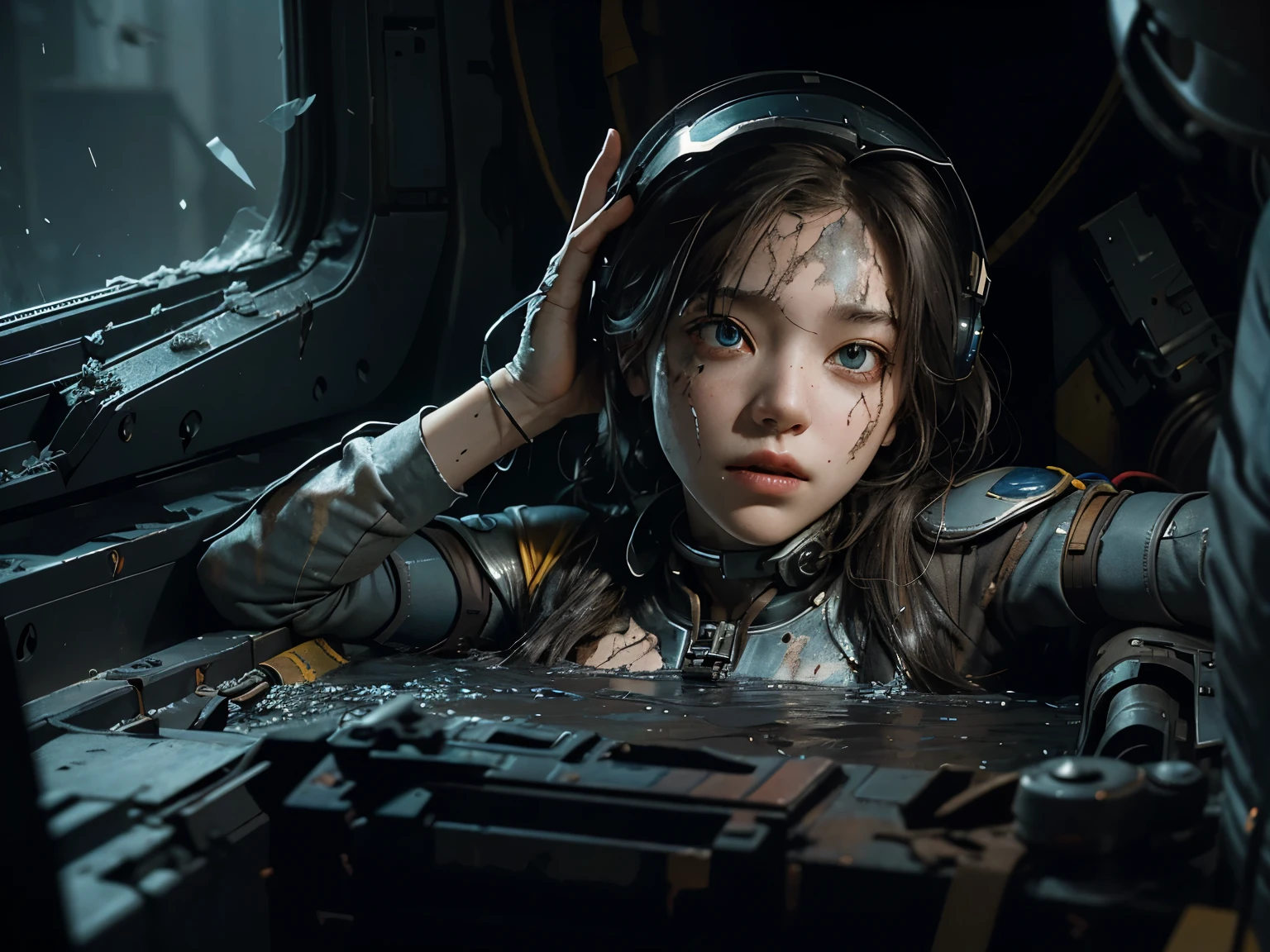 In the stillness of the night, the astronaut lies crushed beneath the remnants of an ancient building, her helmet shattered, glass splinters and cracks jutting out like jagged teeth. Deep wounds mar her face, smudged with dirt and grime. Her eyes, ultra photo-realistic and symmetrically pupilled, gaze into the infinite void with a look of abject horror. The suit surrounding her body is tattered and torn, revealing the damaged layers beneath. Oxygen levels dwindle, time slipping away as she waits for the rescuers who are on their way. The scene is bathed in a cinematic dim light, illuminated by the occasional spotlight