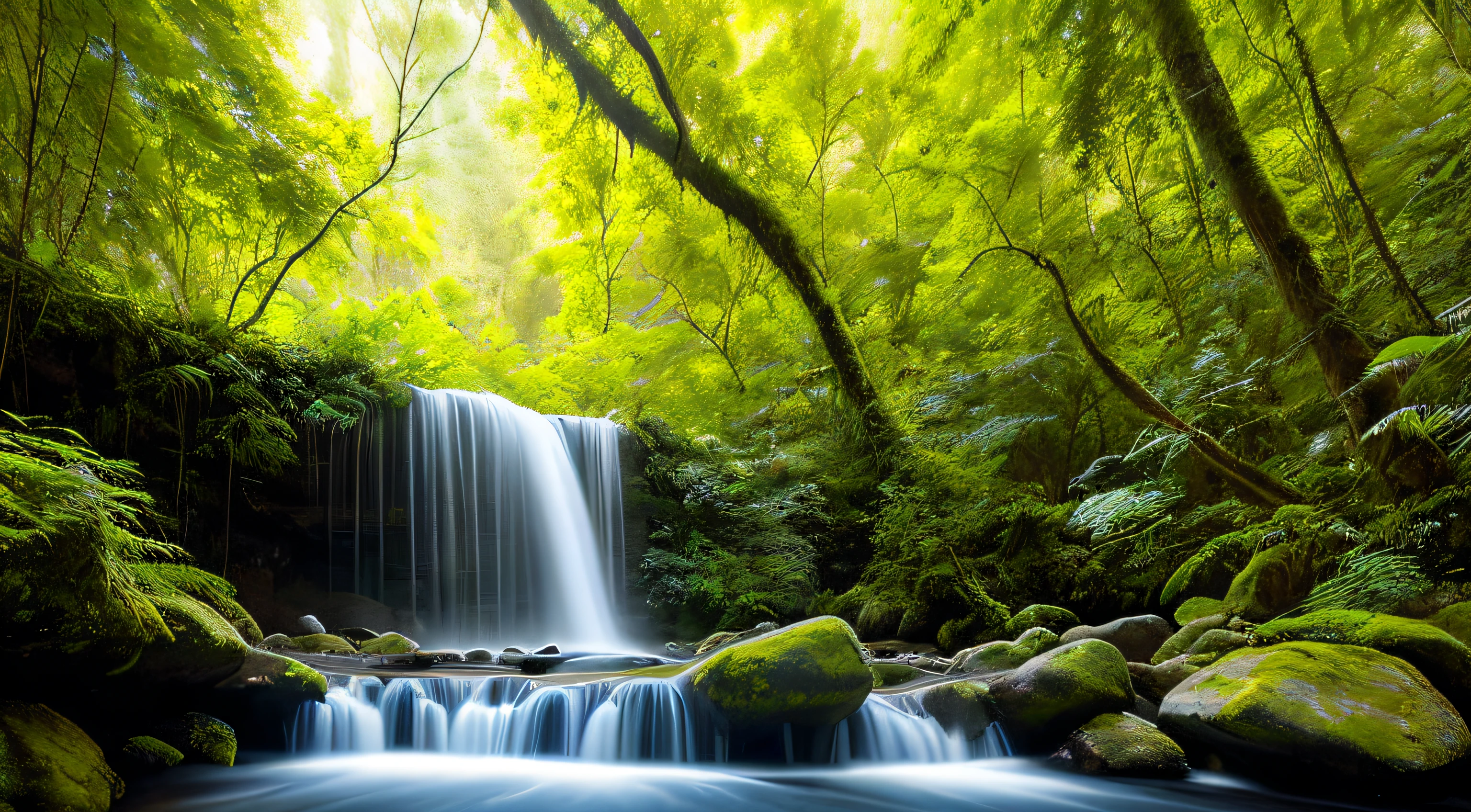 In the heart of the forest, a jubilant waterfall erupts with vigor. Crystalline waters fall from imposing heights, forming a liquid curtain that refreshes the air. The surrounding vegetation is lush with vibrant plants and tall trees. Sunbeams find space between the leaves, creating patches of light that dance on the water. The sound of the waterfall is a natural symphony, while the air is filled with the scent of damp earth. The scene invites you to connect with nature and find inspiration in the strength and beauty of life that flows.