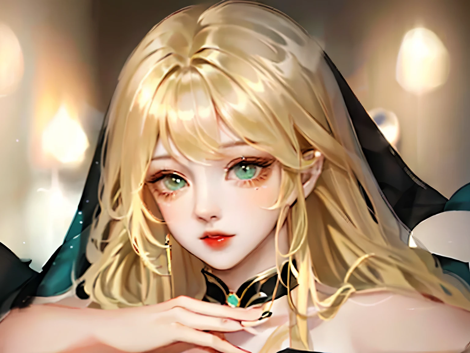 Beautiful girl, perfect face, long blonde hair with bangs, emerald eyes, black dress