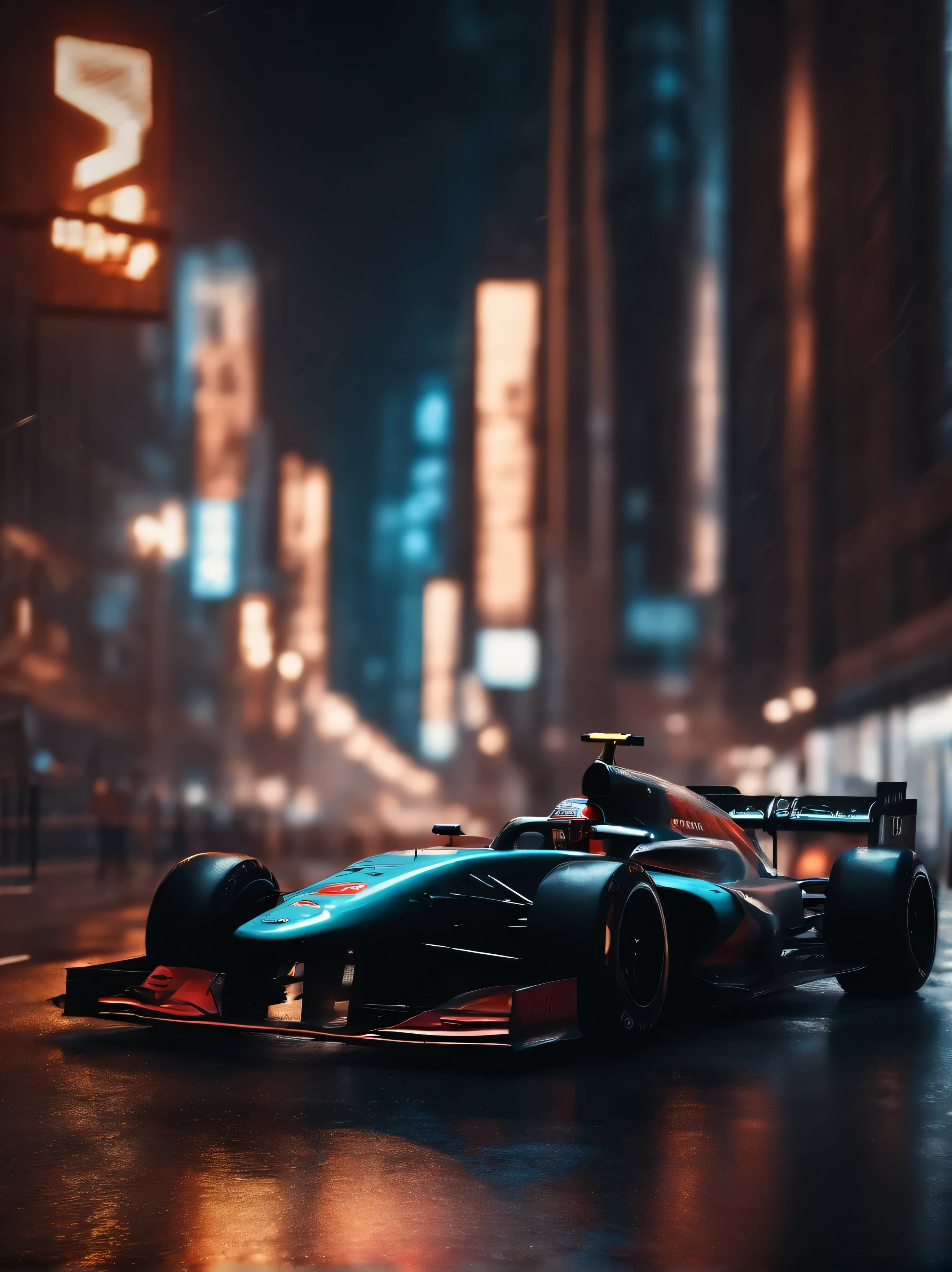 It's raining,Alapid races around city streets in cyberpunk style, f1 racing car blurred in background, motor sport photography, The power of night city visuals, new york in the future, 8k vray rendering, frontal shot, Ray tracing 8K, Ray tracing 8K, photorealistic rendering, Detailed rendering, vray 8k rendering, background blur