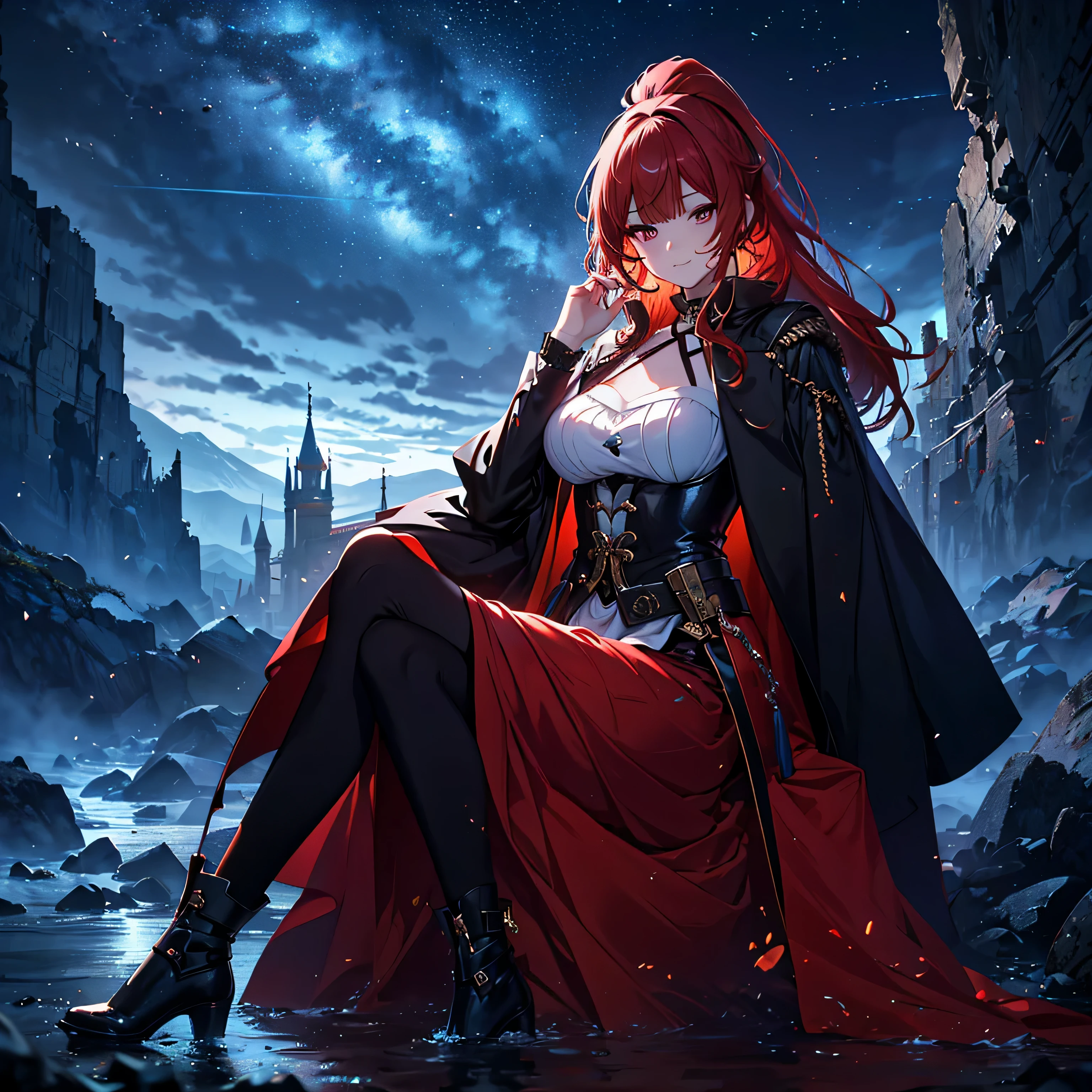 (masterpiece, highest quality,8K quality) adult woman, married woman, red long hair，red long skirt, He has a black sheath in one hand., with a sword, black high long boots, wife, Wearing black mage robes, 50 year old woman looking away, detailed face, fine eyes, 暗赤colorの目, thin droopy eyes, {{{narrow eyes}}}, Long contour, action movie, cute smile, {{{Night sky with multiple stars shining}}}, Red Moon, straight bangs, great writing background, fantasy background,ruins of water and sand, long red hair ponytail, gothic, big breasts, portrait from the knees up, color, cinematic lighting, highly detailed face, detailed face, beautiful face, beautiful eyes, perfect lighting,parted bangs, written boundary depth, realistic proportions, excellent anatomy,makeup gremory, small details. girl&#39;face,destiny style, Trending on Art Station pixiv, Seductive Anime Woman, video game, A soft smile with a closed mouth, Beautiful woman, {{{A squishy smile}}},