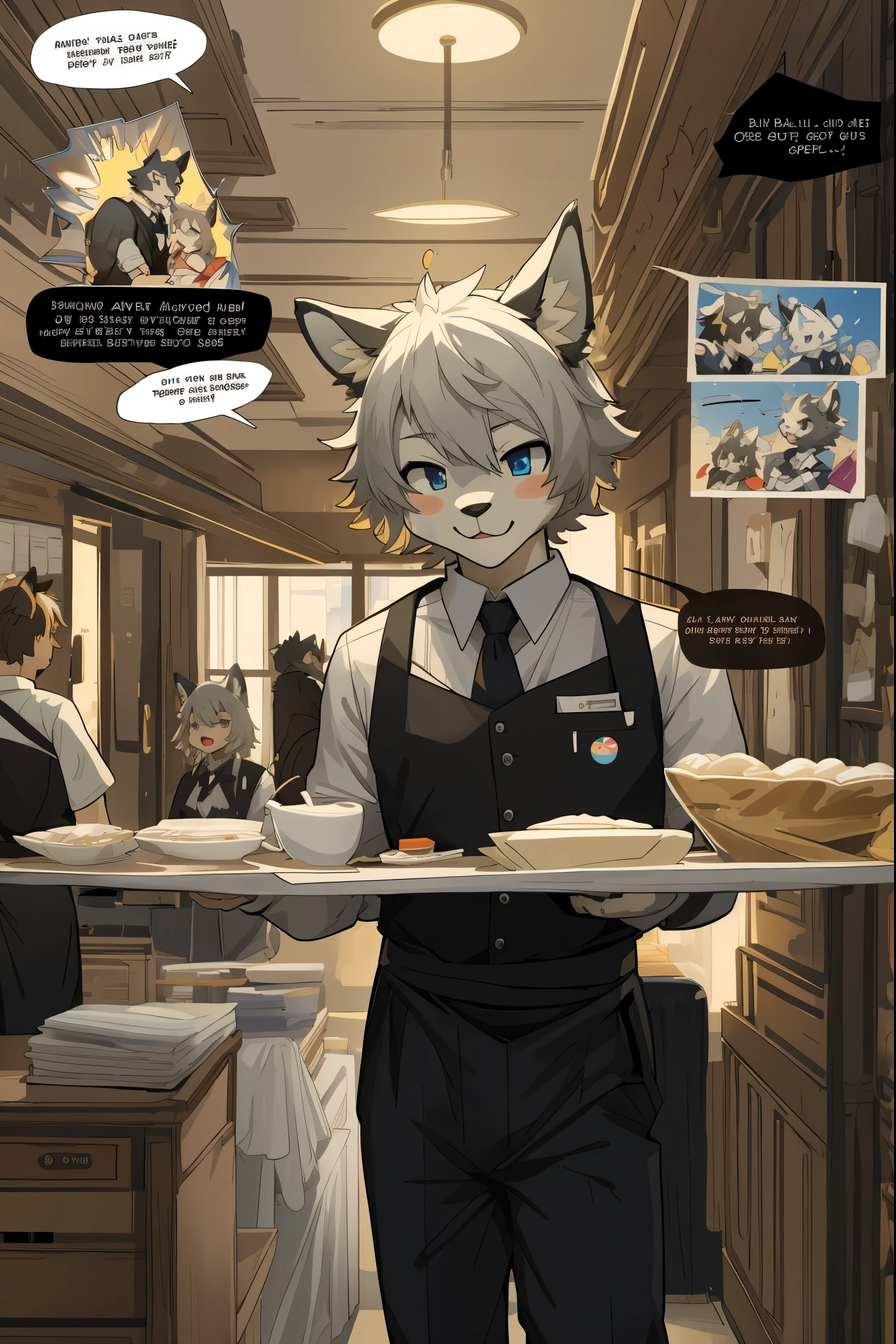 top quality, best quality, highres, masterpiece, super high resolution, detailed background, Casual reutaurant interior, part-time job, waiter, Butler, 6+boys, 6+girls, absurdres(highly detailed beautiful face and eyes)perfect anatomy, good lighting, cinematic shadow(kemono, furry anthro)assorted expressions, assorted poses, assorted angles, full body, upper shot, dynamic angle(girls comic-like panel layouts, speech balloon, English text, Hand-drawn sound effects stickers used in girls comic),