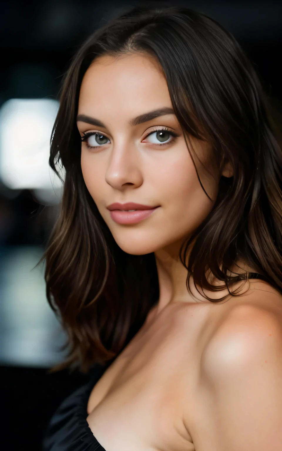 beautiful woman with long dark hair, similar to margot robbie, face in extremely detailed and high quality 4k, facing the camera, perfect lighting on her face, 4k, photorealistic, masterpiece, high quality, extremely detailed, cinematic lighting, dramatic pose, elegant, sensual, center the image, Visual effects, Sound effects, Incredibly detailed and complex, hyper maximalist, elegant, hyper realistic, super detailed, woman posing for a photo, portrait, classy and elegant photo