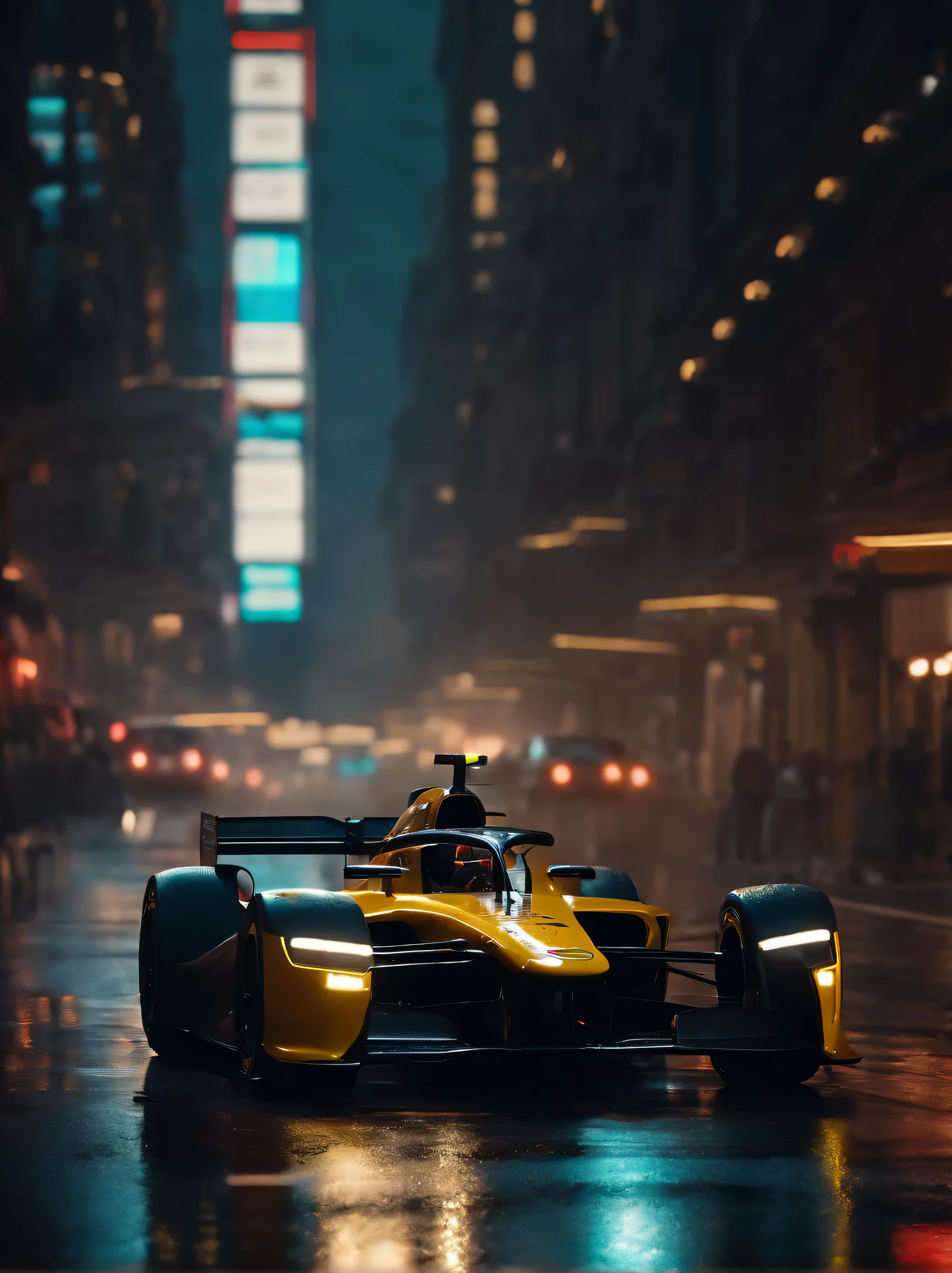 It's raining,Alapid races around city streets in cyberpunk style, f1 racing car blurred in background, motor sport photography, The power of night city visuals, new york in the future, 8k vray rendering, frontal shot, Ray tracing 8K, Ray tracing 8K, photorealistic rendering, Detailed rendering, vray 8k rendering, background blur