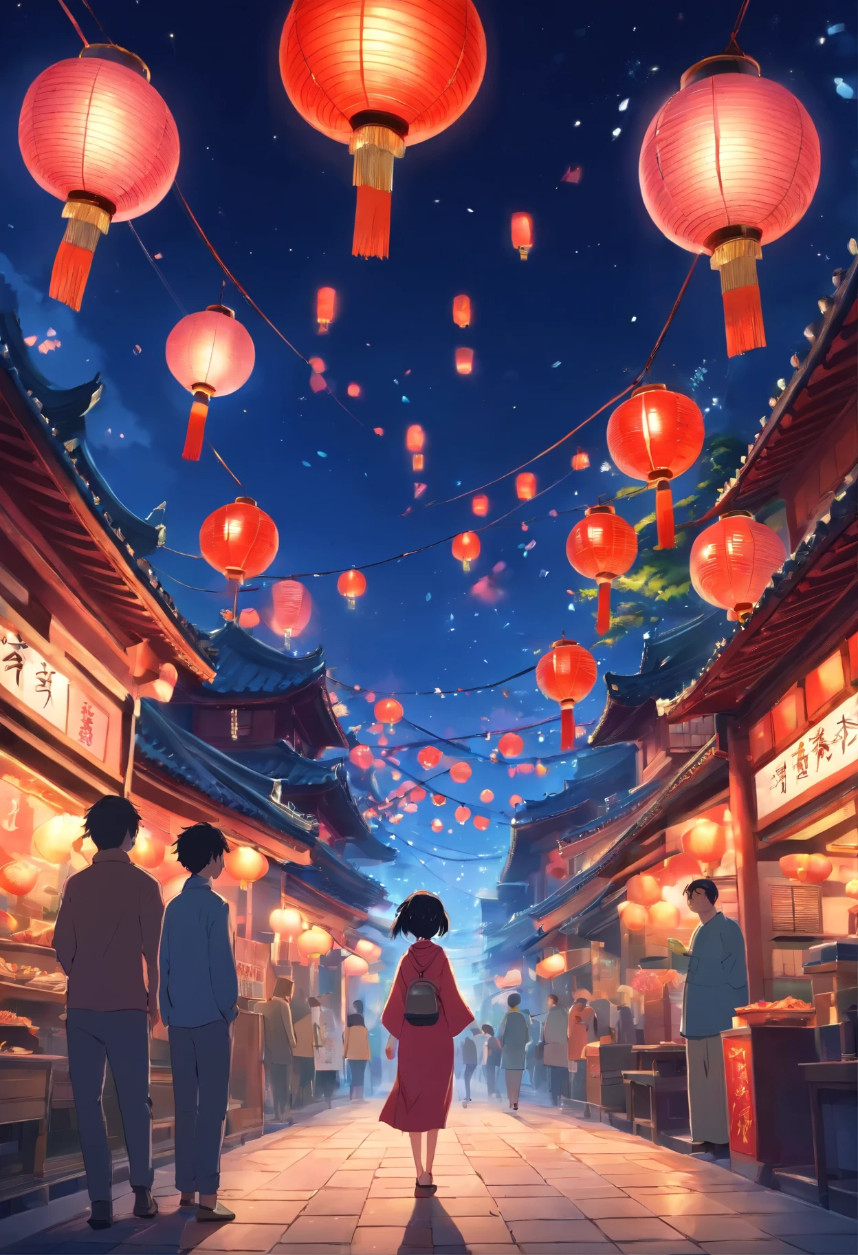new year，Chinese style town，night sky，There is a Buddha statue in the center，decorate，Chinese lanterns are hung up，fireworks，empty of people