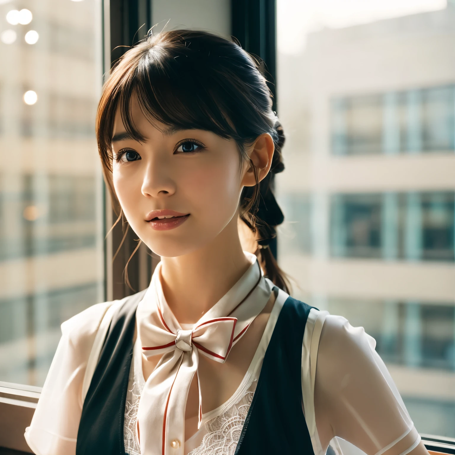 A close up of a woman wearing a bow tie and a vest - SeaArt AI