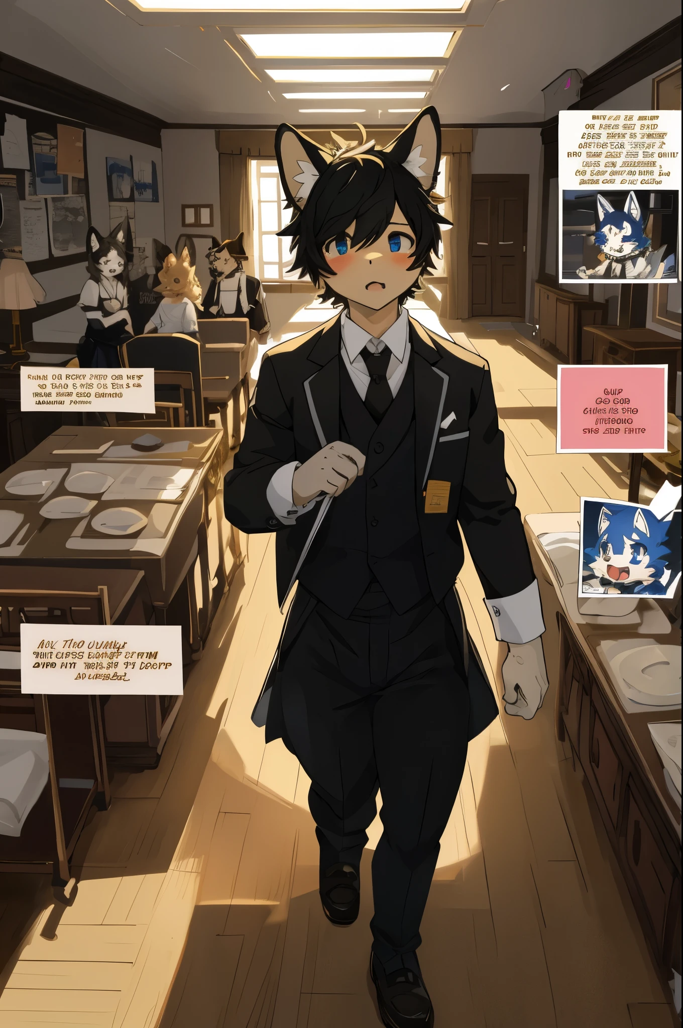 top quality, best quality, highres, masterpiece, super high resolution, detailed background, Casual reutaurant interior, part-time job, waiter, Butler, 6+boys, 6+girls, absurdres(highly detailed beautiful face and eyes)perfect anatomy, good lighting, cinematic shadow(kemono, furry anthro)assorted expressions, assorted poses, assorted angles, full body, upper shot, dynamic angle(girls comic-like panel layouts, speech balloon, English text, Hand-drawn sound effects stickers used in girls comic),