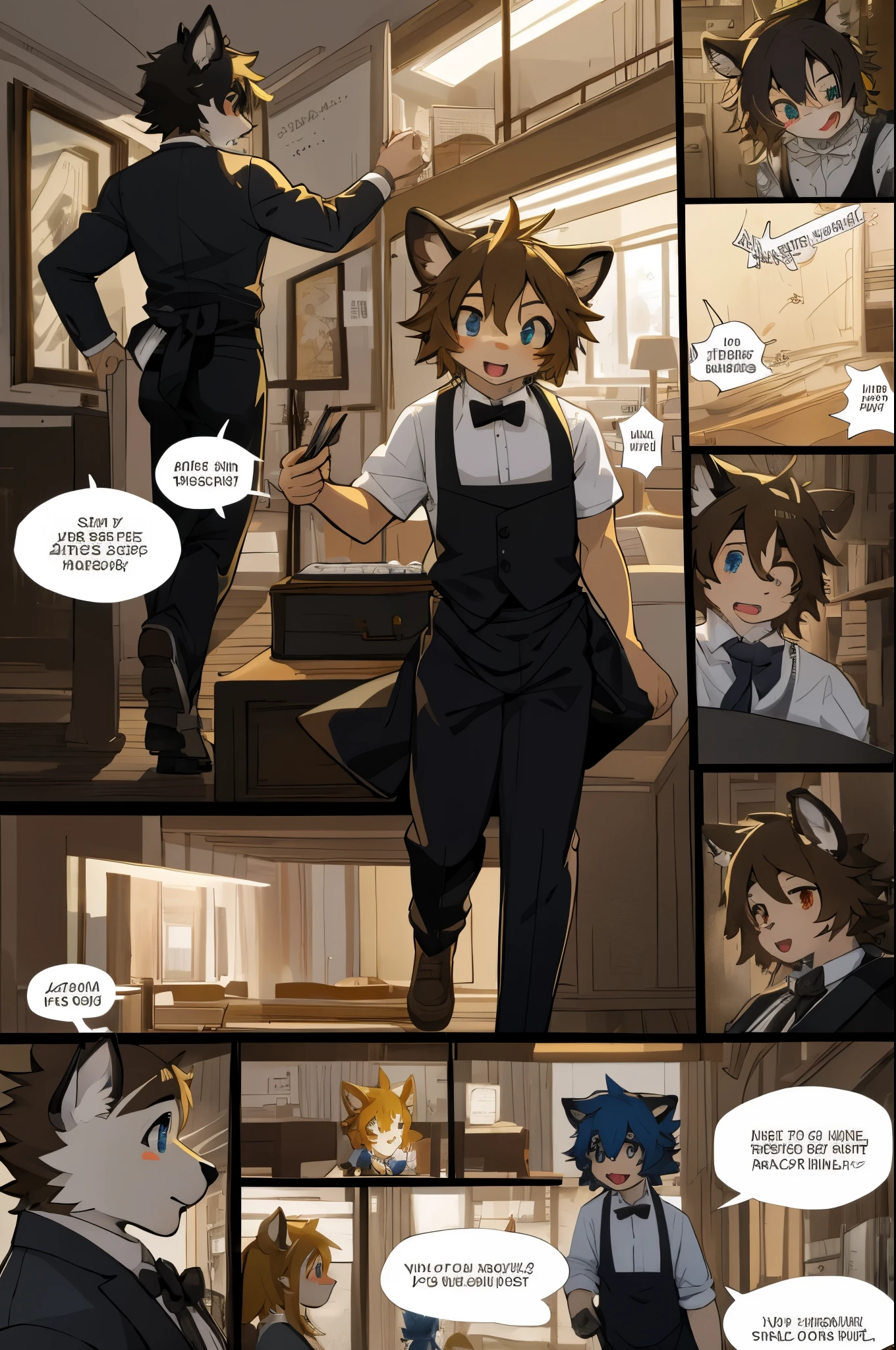 top quality, best quality, highres, masterpiece, super high resolution, detailed background, Casual reutaurant interior, part-time job, waiter, Butler, 6+boys, 6+girls, absurdres(highly detailed beautiful face and eyes)perfect anatomy, good lighting, cinematic shadow(kemono, furry anthro)assorted expressions, assorted poses, assorted angles, full body, upper shot, dynamic angle(girls comic-like panel layouts, speech balloon, English text, Hand-drawn sound effects stickers used in girls comic),