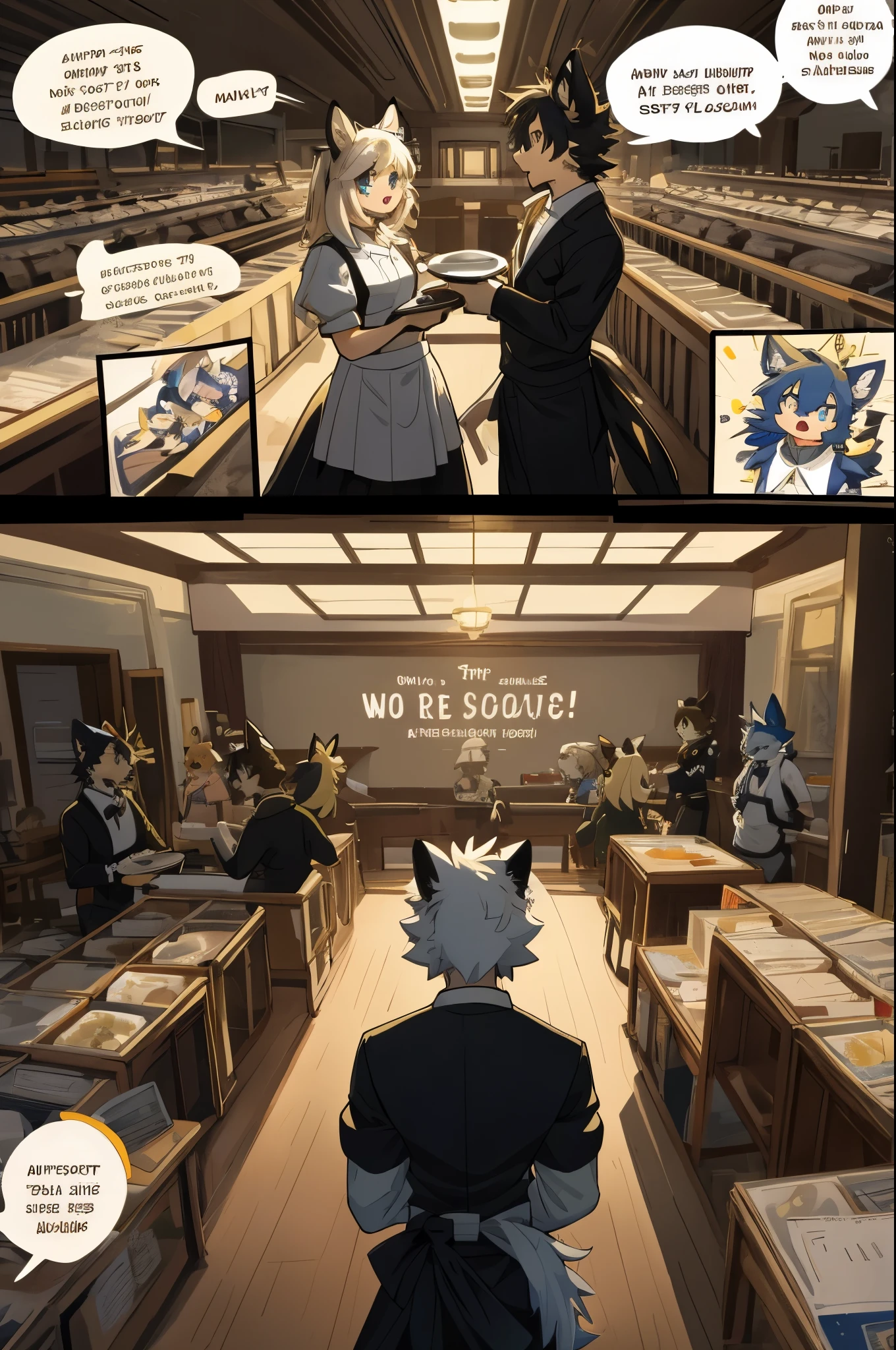 top quality, best quality, highres, masterpiece, super high resolution, detailed background, Casual reutaurant interior, part-time job, waiter, Butler, 6+boys, 6+girls, absurdres(highly detailed beautiful face and eyes)perfect anatomy, good lighting, cinematic shadow(kemono, furry anthro)assorted expressions, assorted poses, assorted angles, full body, upper shot, dynamic angle(girls comic-like panel layouts, speech balloon, English text, Hand-drawn sound effects stickers used in girls comic),