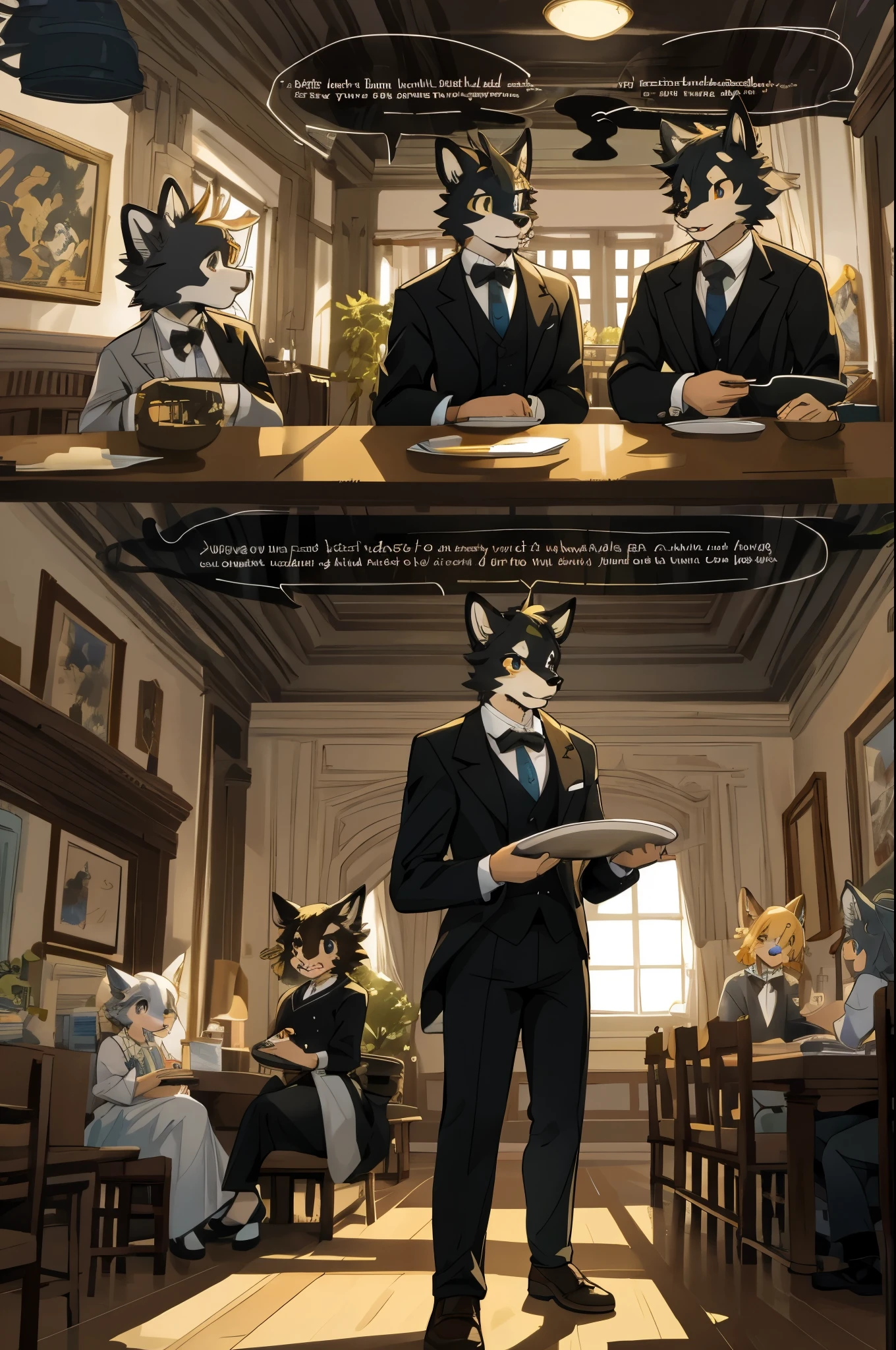 top quality, best quality, highres, masterpiece, super high resolution, detailed background, Casual reutaurant interior, part-time job, waiter, Butler, 6+boys, 6+girls, absurdres(highly detailed beautiful face and eyes)perfect anatomy, good lighting, cinematic shadow(kemono, furry anthro)assorted expressions, assorted poses, assorted angles, full body, upper shot, dynamic angle(girls comic-like panel layouts, speech balloon, English text, Hand-drawn sound effects stickers used in girls comic),