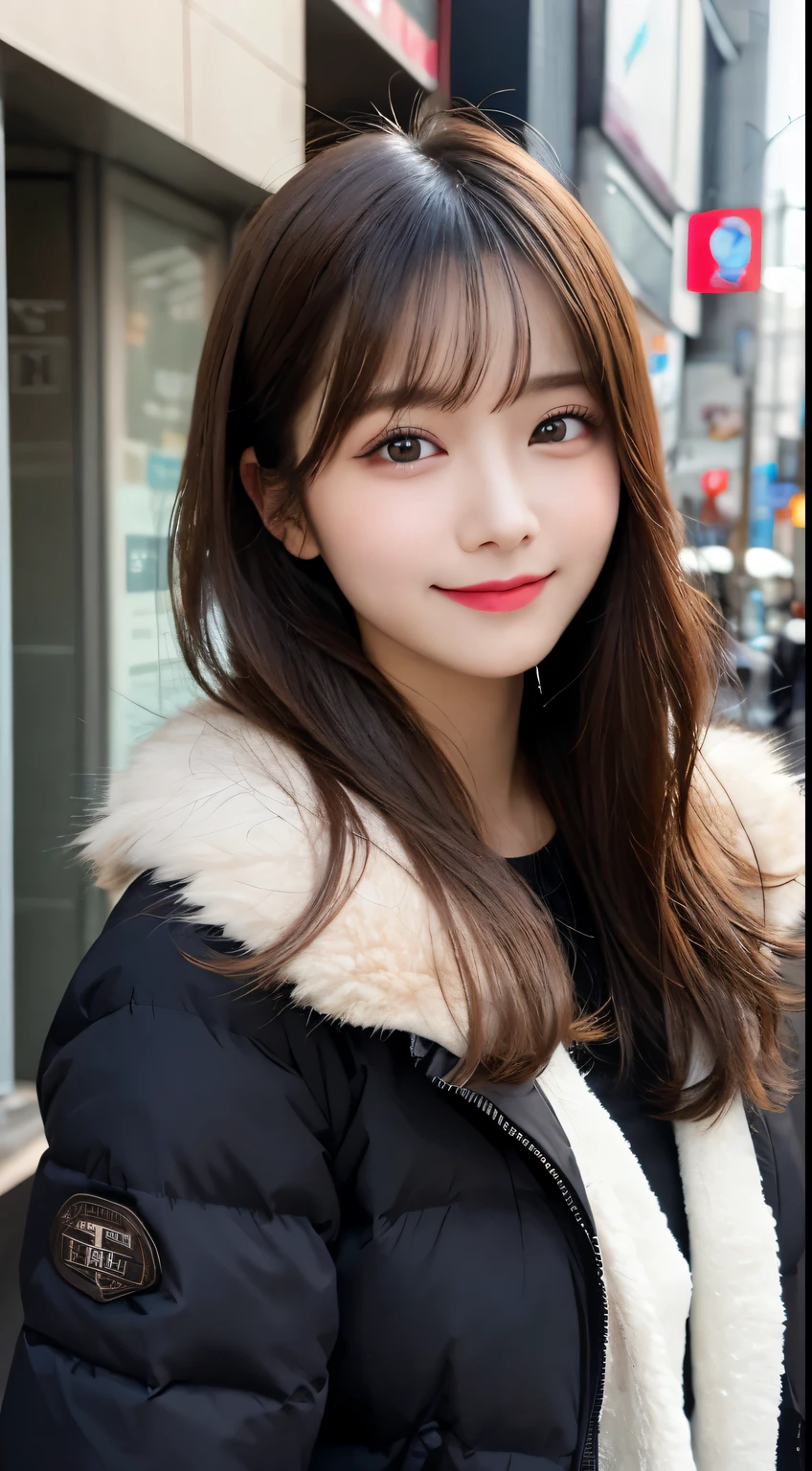 table top, highest quality, shape, Super detailed, finely, High resolution, 8k wallpaper, 完璧なダイナミックな構shape, beautiful and detailed eyes, tokyo trend冬ファッション,tokyo trend&Introducing cute hairstyles at random, small breasts, natural color lip, random sexy pose,cute smile,big city、20 year old girl、beautiful and detailed face、perfect and beautiful face,Big eyes、Wear fluffy black outerwear with fur、beautiful detailed face、perfect and beautiful double eyelids、blur the background、perfect and beautiful face、Feminine poses、blur the background