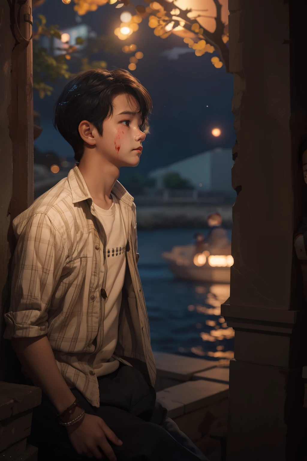 (Pixar 1.25 styles)A sitting by the sea,A sad look,There is a little blood at the corner of the mouth,The moon and stars in the night sky are very bright