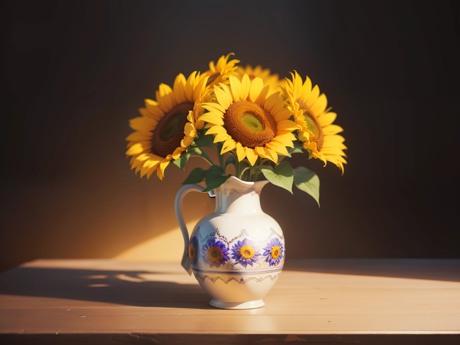 Still life vase with sunflowers and flowers inserted inside, beautiful background, high definition