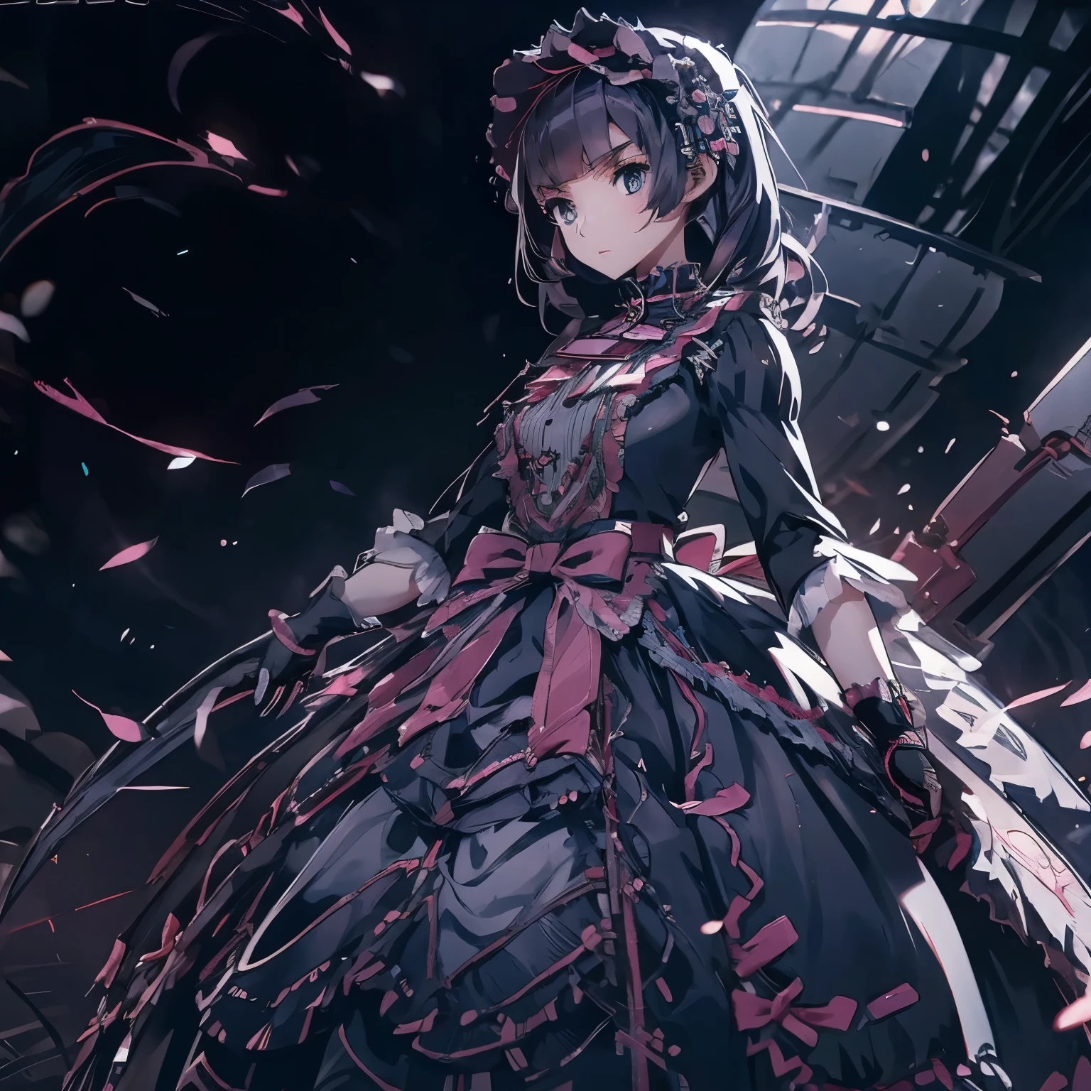 Anime girl in a black dress holding a sword in a dark room, gothic otome anime girl, terrible anime 8k, by Jan J., anime art wallpaper 8k, 4k anime wallpaper, anime art wallpaper 4k, anime art wallpaper 4k, beautiful fantasy anime, beautiful anime artwork, anime fantasy artwork, anime wallpaper 4k, anime wallpaper 4k