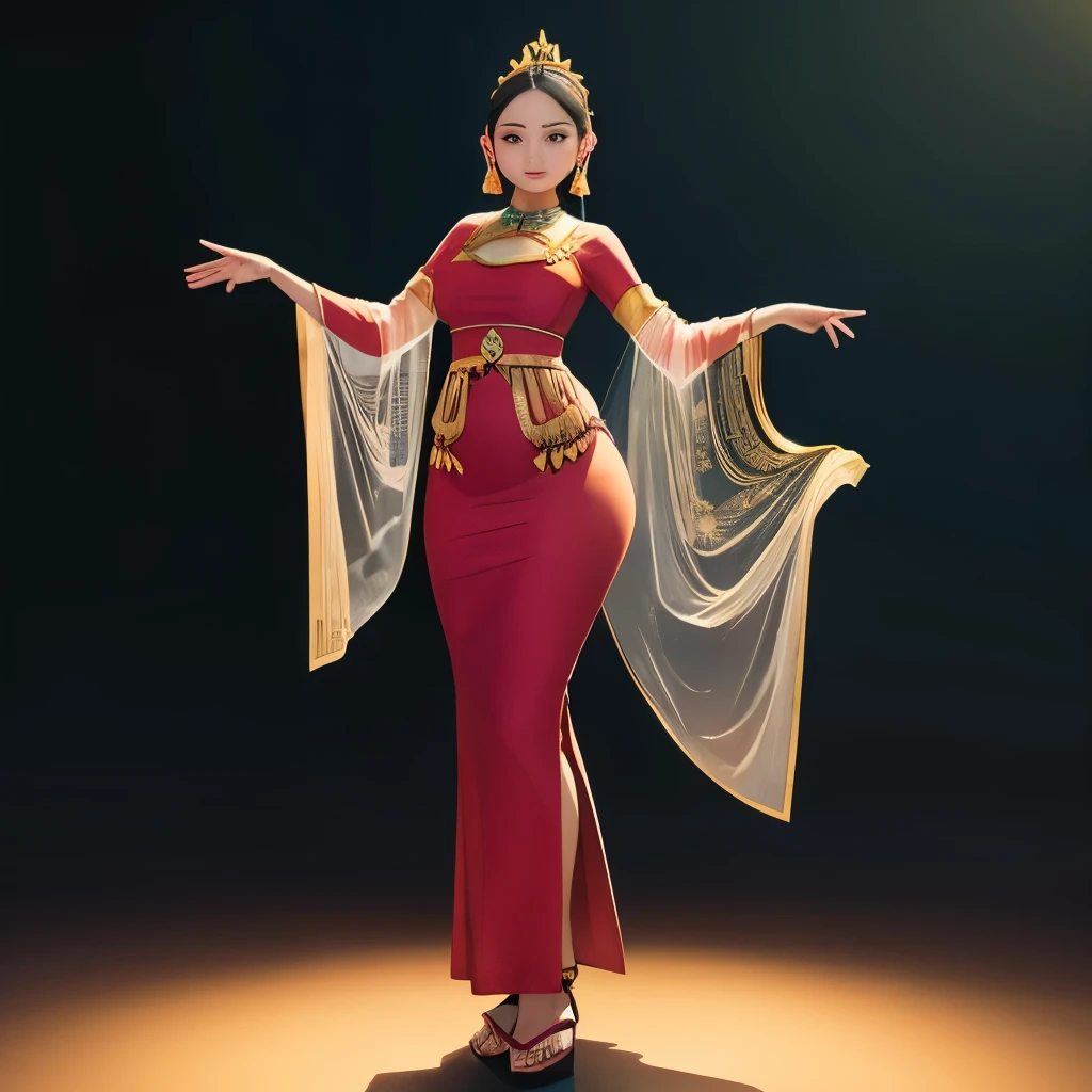 an Indonesian Javanese woman, aged 25, perfect beautiful face, full body top to bottom, dancing, wearing traditional clothes from the ancient Javanese kingdom with a few simple gold knick-knacks, her shawl waving in the wind, detailed acrylic sculpture, perfect lighting, mystical forest background, realistic photo HD 16k