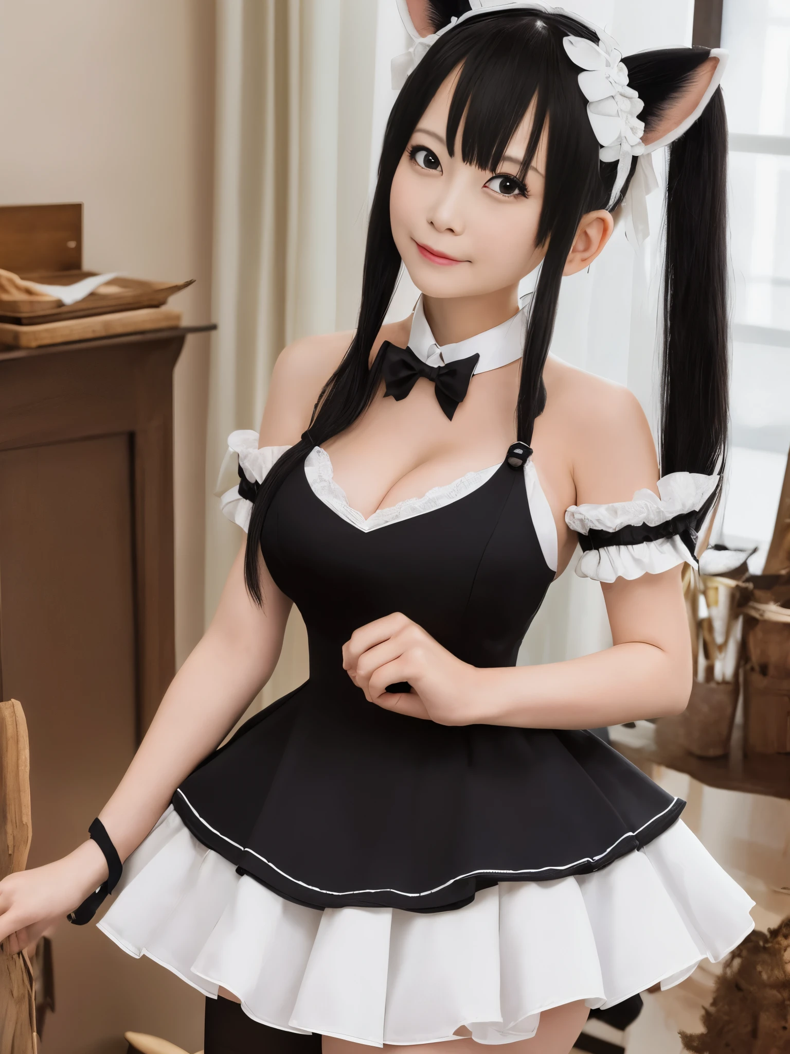 30 years old、masterpiece, highest quality, High resolution, ticker, twin tails, Ahoge, maid headdress, animal ears, hair ribbon, black ribbon, cat tail, cleavage, black bowtie, maid, black dress, short sleeve, removed sleeve, bare shoulders, wrist cuffs, white apron, black stockings, Are standing, indoors, cowboy shot, arm to the side, straight,