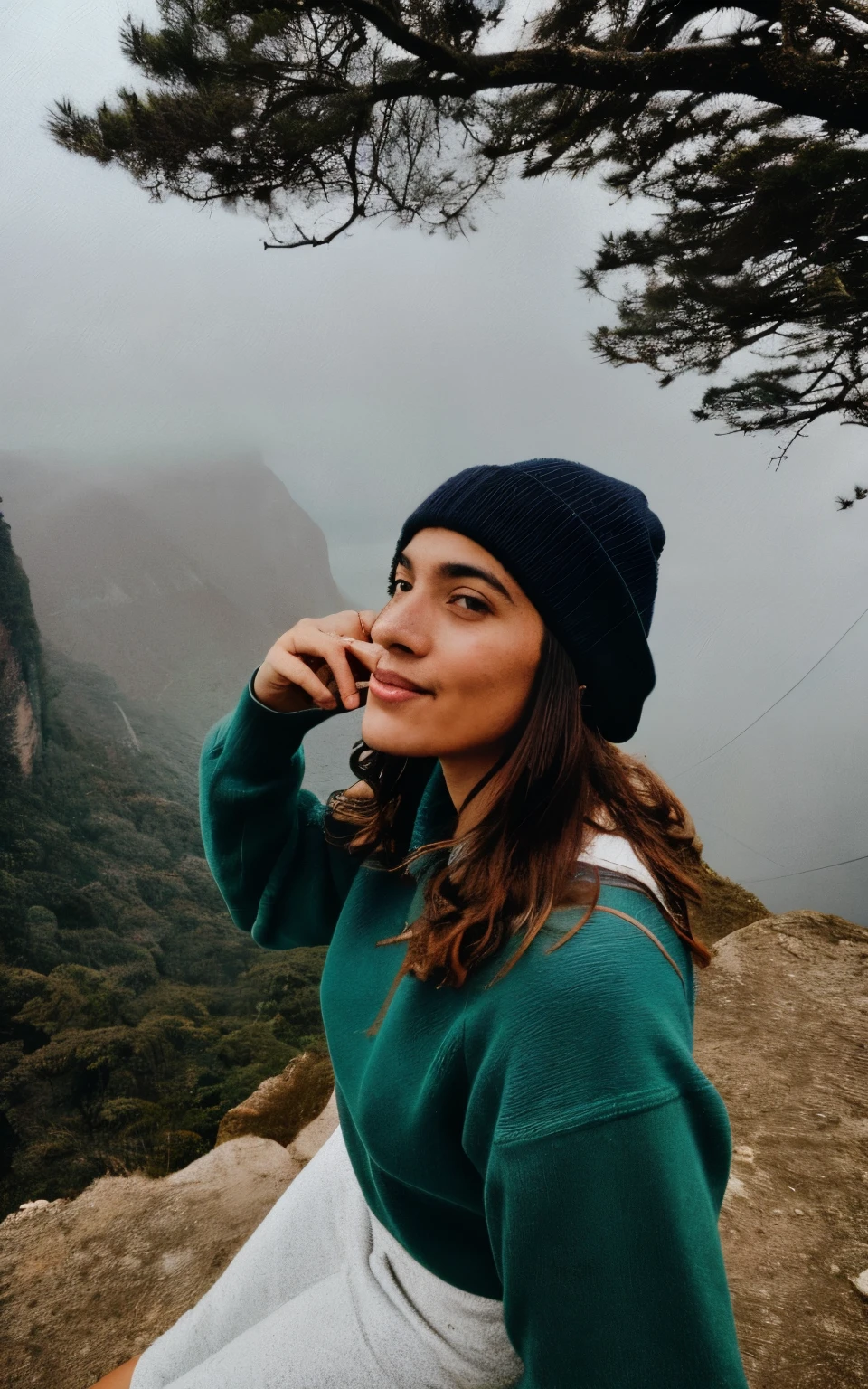 fotografia, foto de mulher bonita, selfie, tronco, Sozinho, wearing pullover, ao ar livre, (noite), montanhas, natureza da vida real, estrelas, Lua, alegre, feliz, luvas, sweater, gorro, floresta, pedras, rio, madeira, smoke, Mist, olhando para o espectador, textura da pele, Grain Photo, fechar-se, foto crua