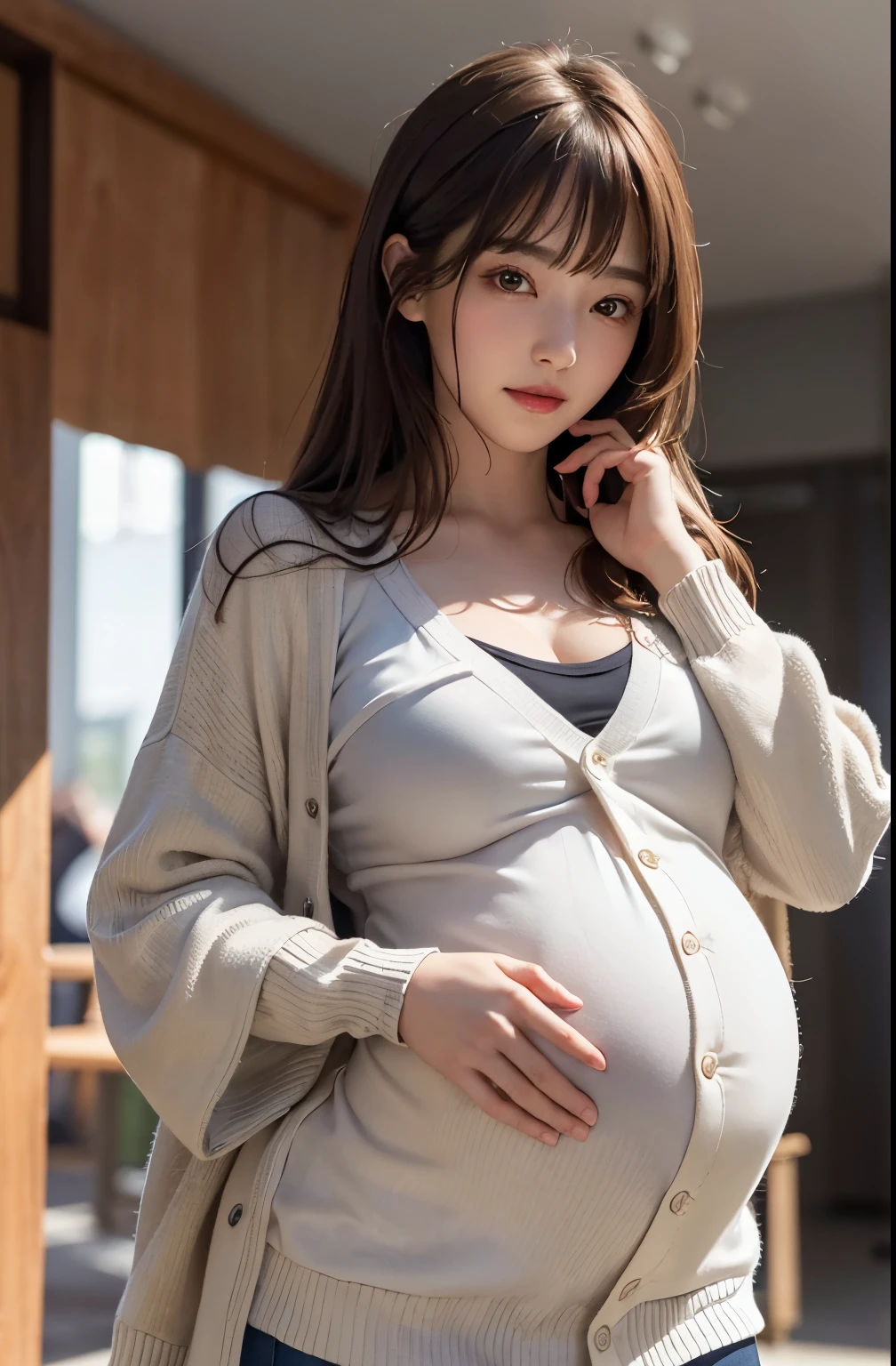 (table top、highest quality、8k、Award-winning work、ultra high resolution)、one beautiful pregnant woman、pregnancy (Wearing an hoodie thick fur beige coat:1.2)、long knit sweater dress、perfect fit、brown hair、white skin、(big cleavage:1.1)、Very long wavy hair、epic movie lighting、(romantic love feeling:1.1)、(A vivid and magical sunset:1.1)、(The most romantic and moody atmosphere:1.1)、winter、snow scene、It&#39;s snowing、(Walking through the snowy city:1.2)、look at me、(Exposing medium  breasts that are about to burst:1.2)、(Most emphasize the body line:1.2)、very long hair、blurred background、accurate anatomy、ultra high definition hair、Perfect and beautiful teeth in ultra high resolution、Ultra high definition beauty face、ultra high definition hair、Super high-definition sparkling eyes、Shining, ultra high-resolution beautiful skin、ultra high resolutionの艶やかな唇、(Full body photo:1.1)、(exposing long bare legs:1.1)、(expose long legs:1.1)、(pregnancy)