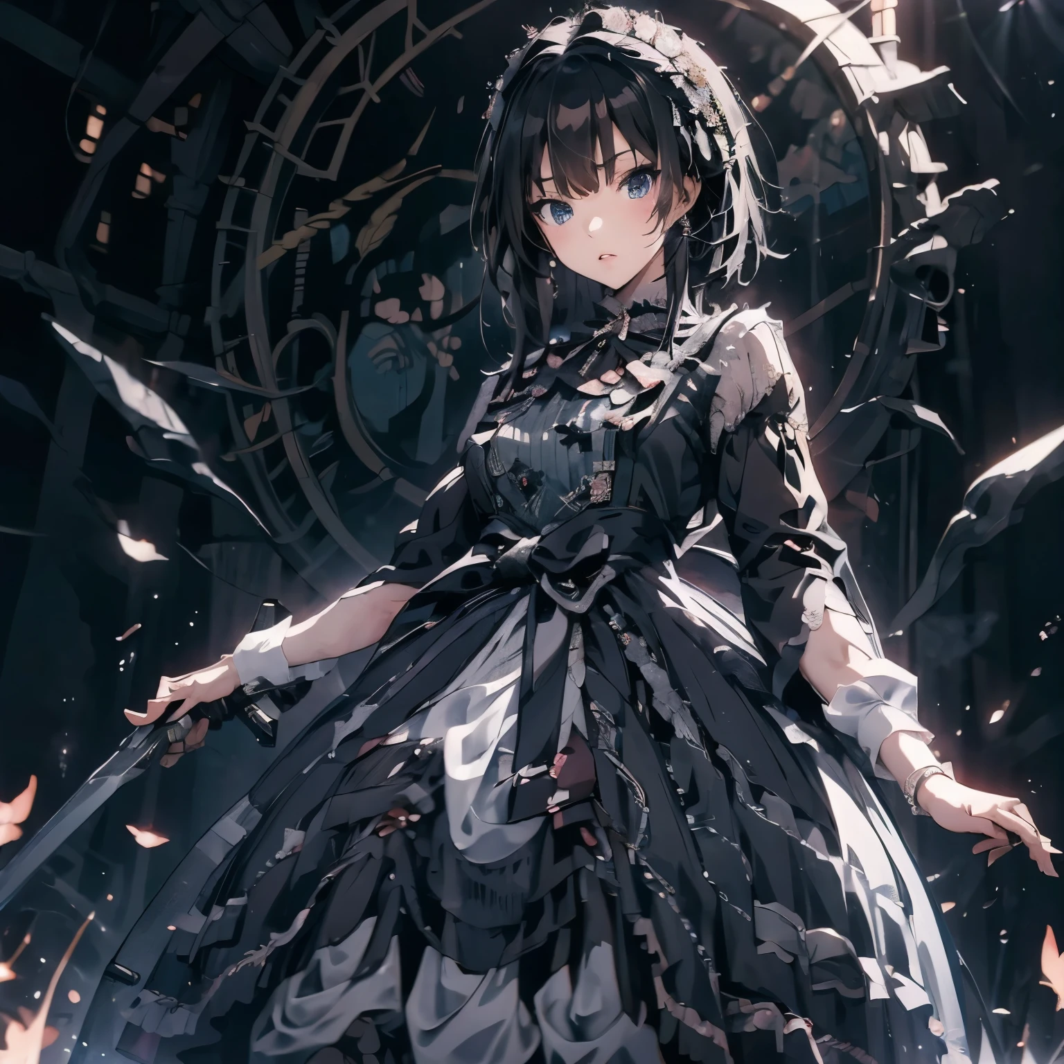 Anime girl in a black dress holding a sword in a dark room, gothic otome anime girl, terrible anime 8k, by Jan J., anime art wallpaper 8k, 4k anime wallpaper, anime art wallpaper 4k, anime art wallpaper 4k, beautiful fantasy anime, beautiful anime artwork, anime fantasy artwork, anime wallpaper 4k, anime wallpaper 4k