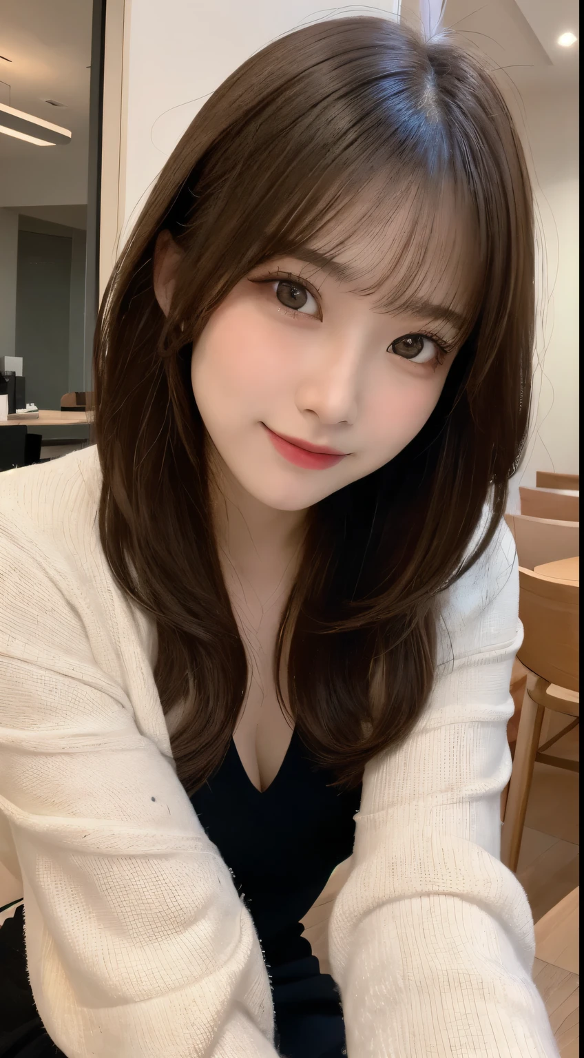 table top, highest quality, shape, Super detailed, finely, High resolution, 8k wallpaper, 完璧なダイナミックな構shape, beautiful and detailed eyes, Gorgeous and stylish black fluffy latest trend Tokyo winter clothes(long sleeve),ランダムなcute髪,small breasts,natural color lip, bold sexy pose,smile、20 year old girl、cute、look at the cameraのセクシーショット,Always blur the background,perfect and beautiful face,Take only the face,beautiful and detailed face、slim face and style,Big eyes、Do gal makeup,real photos、Shot from below the knee、Luxury condominium top floor room、look at the camera、black tights、sexy legs