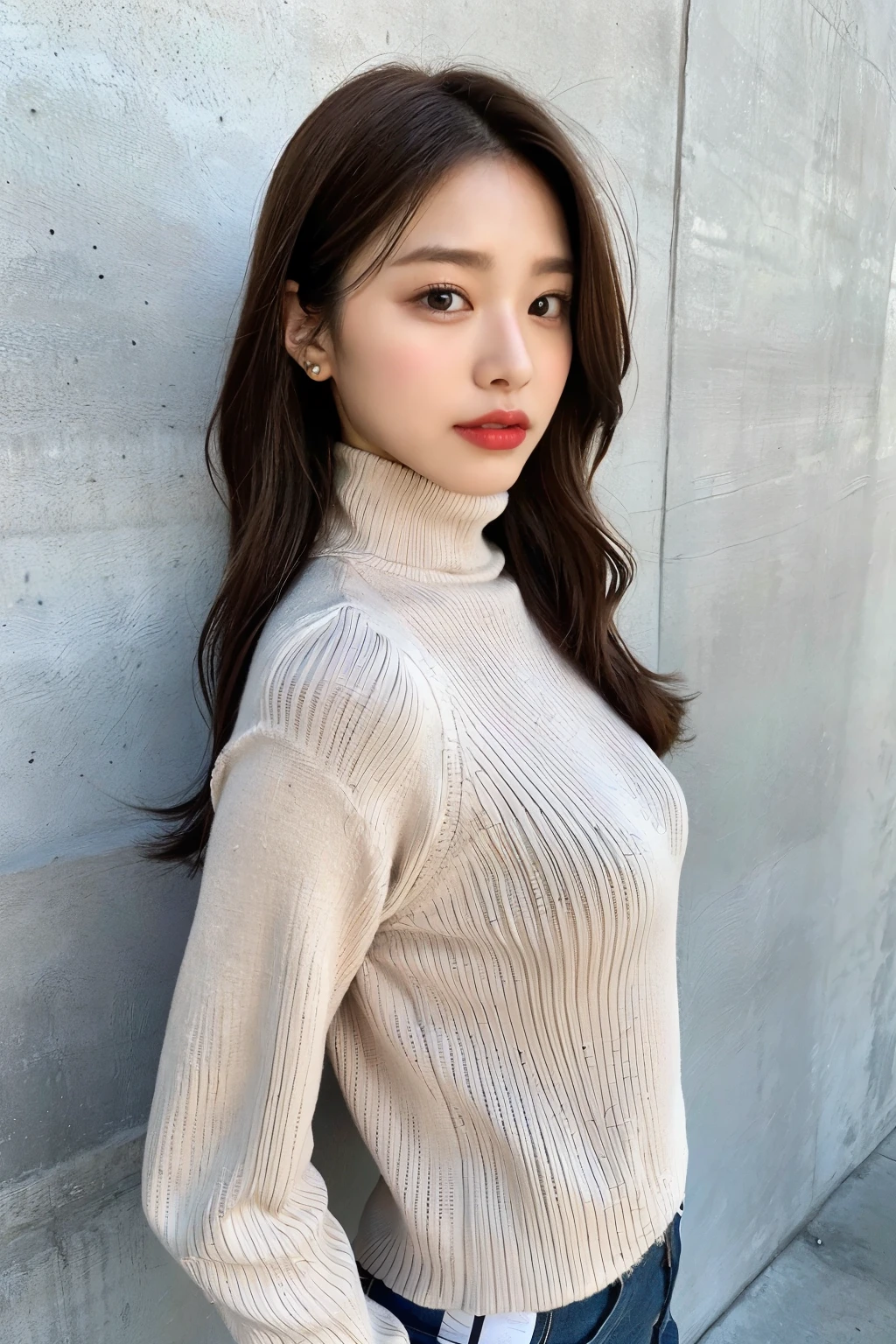 highest quality, 1 beautiful woman, 28 years old, s, 35mm lens,, cowboy shot, Concrete background、mortar style background、Turtleneck knitwear、light brown、mortar style wall,from below、straight hair、straight hair、shiny hair,silky hair、Adidas Jersey