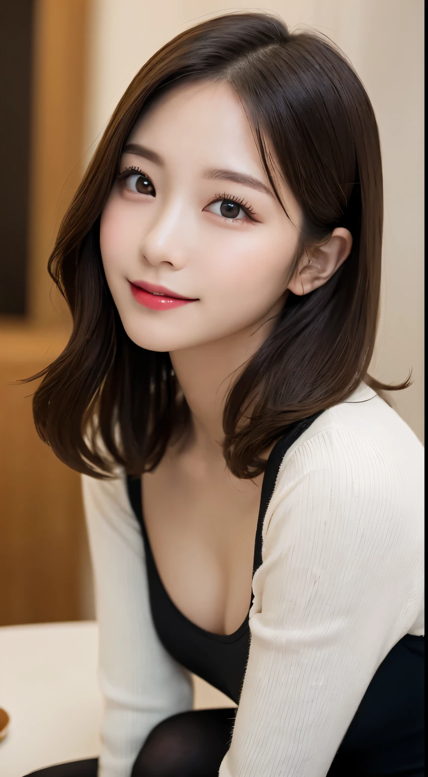 table top, highest quality, shape, Super detailed, finely, High resolution, 8k wallpaper, 完璧なダイナミックな構shape, beautiful and detailed eyes, Gorgeous and stylish black fluffy latest trend Tokyo winter clothes(long sleeve),ランダムなcute髪,small breasts,natural color lip, bold sexy pose,smile、20 year old girl、cute、look at the cameraのセクシーショット,Always blur the background,perfect and beautiful face,Take only the face,beautiful and detailed face、slim face and style,Big eyes、Do gal makeup,real photos、Shot from below the knee、Luxury condominium top floor room、look at the camera、black tights、sexy legs、Blur background
