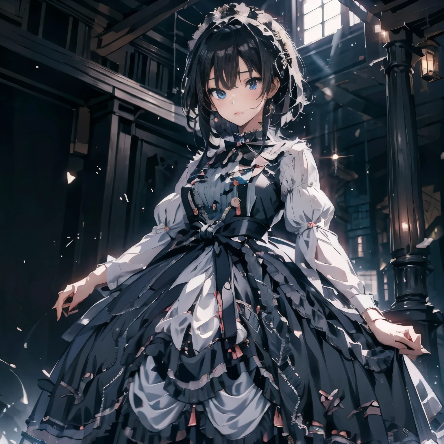 Anime girl in a black dress holding a sword in a dark room, gothic otome anime girl, terrible anime 8k, by Jan J., anime art wallpaper 8k, 4k anime wallpaper, anime art wallpaper 4k, anime art wallpaper 4k, beautiful fantasy anime, beautiful anime artwork, anime fantasy artwork, anime wallpaper 4k, anime wallpaper 4k