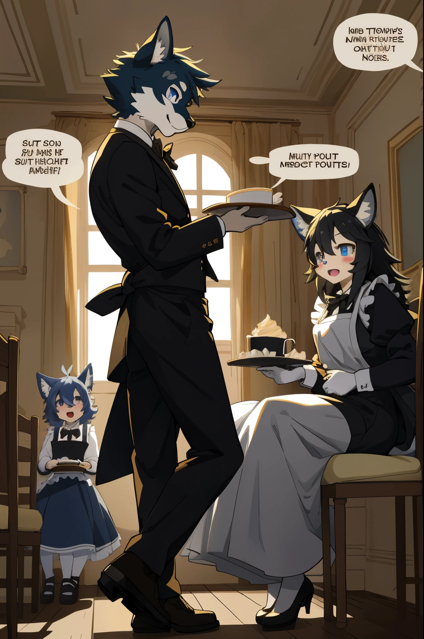 top quality, best quality, highres, masterpiece, super high resolution, detailed background, Casual reutaurant interior, part-time job, waiter, Butler, 6+boys, 6+girls, absurdres(highly detailed beautiful face and eyes)perfect anatomy, good lighting, cinematic shadow(kemono, furry anthro)assorted expressions, assorted poses, assorted angles, full body, upper shot, dynamic angle(girls comic-like panel layouts, speech balloon, English text, Hand-drawn sound effects stickers used in girls comic),