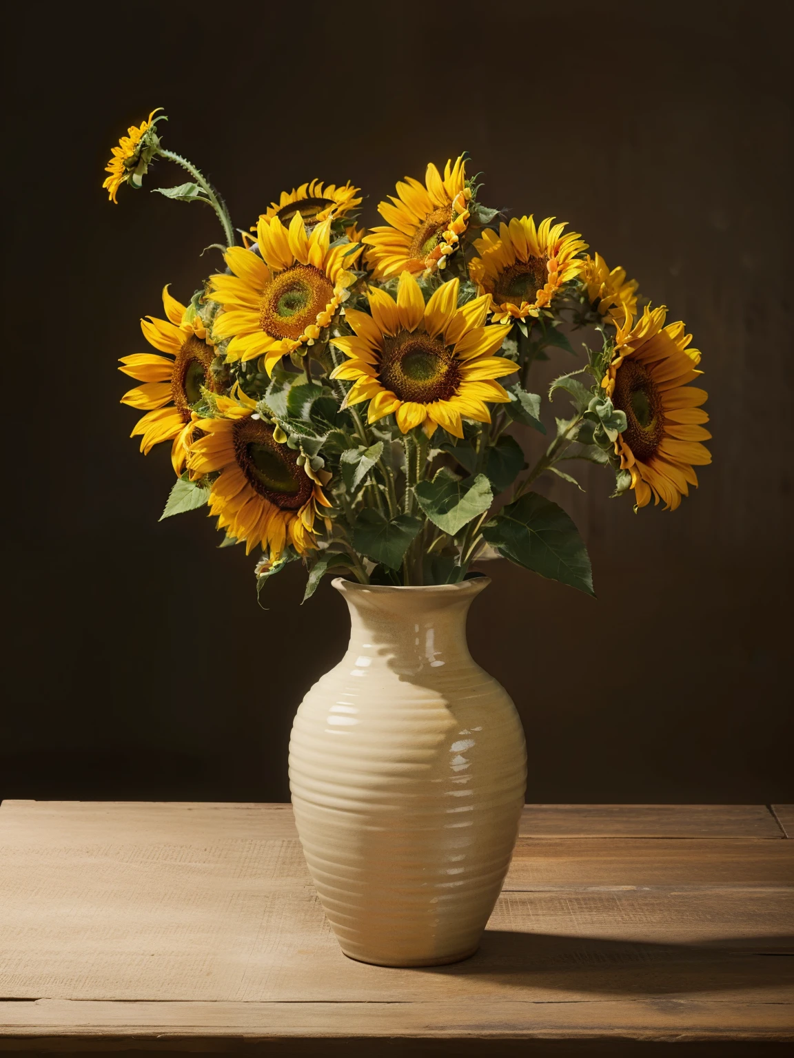 Still life vase with sunflowers and flowers inserted inside, beautiful background, high definition