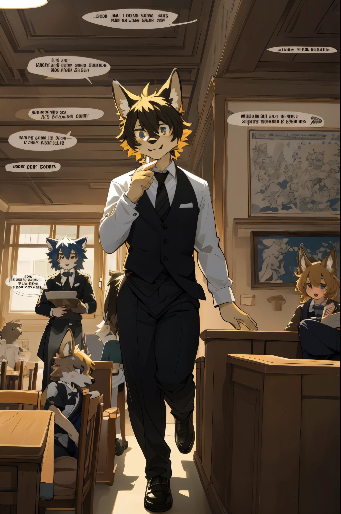 top quality, best quality, highres, masterpiece, super high resolution, detailed background, Casual reutaurant interior, part-time job, waiter, Butler, 6+boys, 6+girls, absurdres(highly detailed beautiful face and eyes)perfect anatomy, good lighting, cinematic shadow(kemono, furry anthro)assorted expressions, assorted poses, assorted angles, full body, upper shot, dynamic angle(girls comic-like panel layouts, speech balloon, English text, Hand-drawn sound effects stickers used in girls comic),