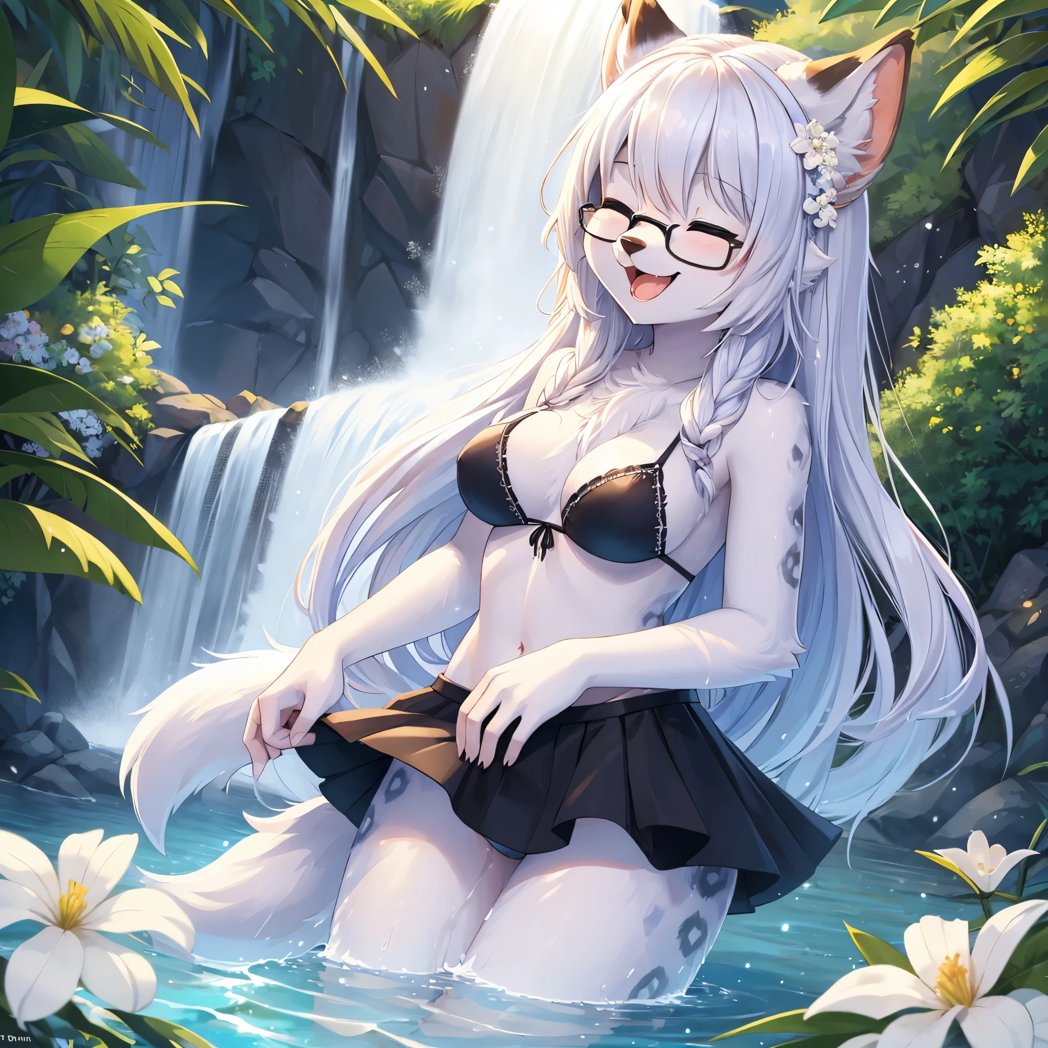 (fluffy anthro furry:1.6),(young:1.6),snow leopard girl,female furry,long hair,waterfall,light beam,ultra detailed glittering water,ultra detailed fur,neck fur,pubic fur,water drip on arms,water drip on legs,water drip on breasts,water drip on thigh,glasses,white flower hairpin,black mini skirt,water drip on skirt,black bikini bra,look up,eye closed,happy,smile,open mouth,stand in water