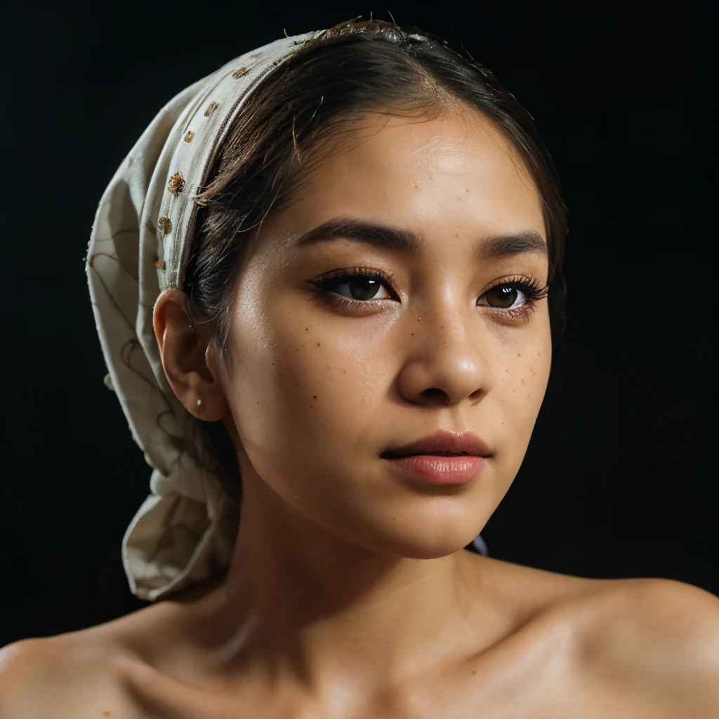 photoshoot, black background. RAW photo, editorial photograph, film stock photograph, cinematic, an eye contact of a indonesian woman, wearing hijab, grimace, primer, Intricate, cream eyeliner, stain lipstick, odd numbers, Button nose, Freckles, Dutch braid hair cut, pink skin color, soft focus. 8k, highly detailed, detailed skin texture, natural skin texture, detailed cloth texture, perfect eyes, detailed eyes,, (high quality, best quality:1.3), Extremely high-resolution, amateur photo, Fujifilm Superia Premium 400, Nikon D850 film stock photograph Kodak Portra 400 camera f1.6 lens, 8k, UHD
