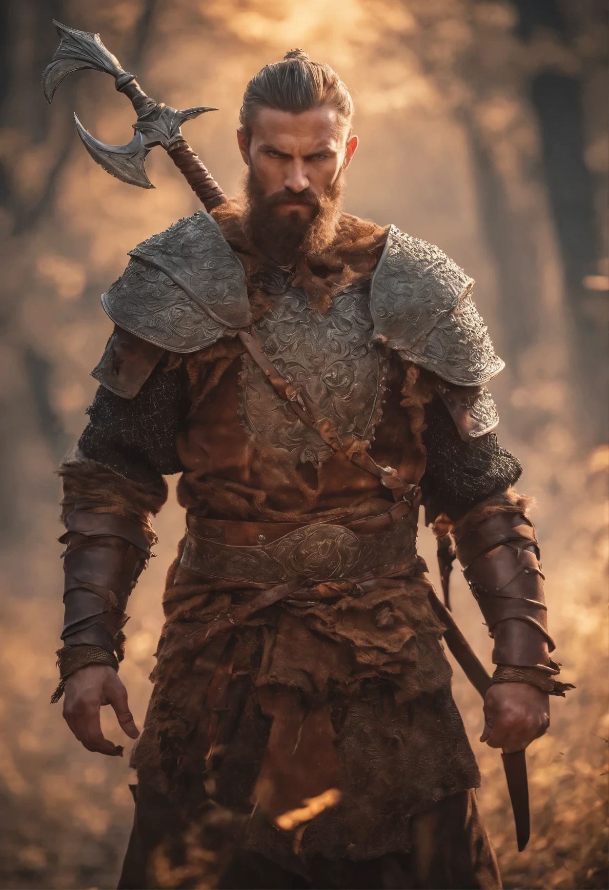 (masterpiece), (extremely complex:1.3), art portrait of a man, tall hunter of evil, Slavic appearance, (Medieval armor), shirt shirt worn under chain mail, intense sunlight, distant dense forest, professional photo of a stunning man in detail, Sharp Focus, Dramatic, Award Winning, cinematic lighting, Unreal engine rendering octane rating, dtx volumetrics, (detailing, blurred background, blurred foreground, Hips, depth of field, sunset, blur:1.3), chain mail, tall hunter of evil, Slavic appearance, Detailed armor, old leather cuirass with engraving, intricate patterns on the cuirass, complex engravings on the cuirass, imposing and powerful position, ferocious facial expression, Shaved head, bearded, dynamic pose, Intense fight scene, fantasy setting, bright colors, dramatic lighting, epic atmosphere, Two axles, Attention to anatomy and facial features, iconic use of highlights and shadows, catch emotions, masterful composition