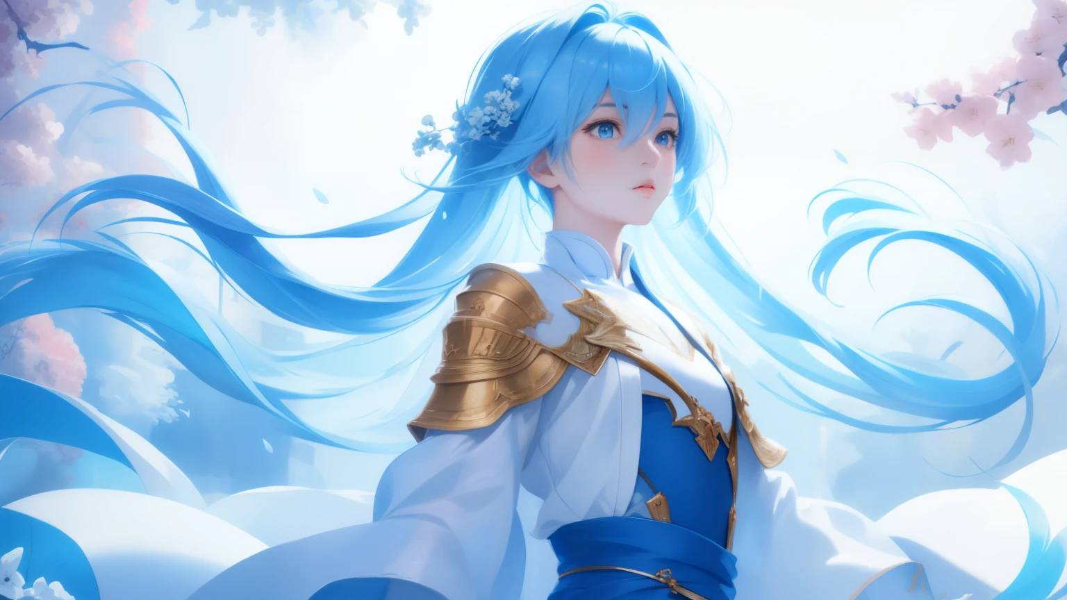 high quality,1girl,Super detailed CG illustration of a young man with a calm expression, stare into the distance,His striking light blue hair blew gently in the sea breeze. The landscape behind him is vast and stunning, Taking viewers into a world of wonder and discovery.More creativity