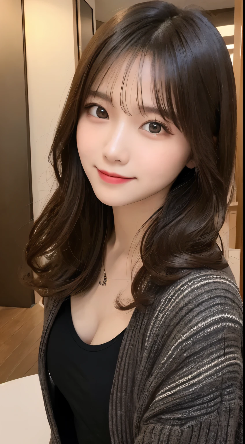 table top, highest quality, shape, Super detailed, finely, High resolution, 8k wallpaper, 完璧なダイナミックな構shape, beautiful and detailed eyes, Gorgeous and stylish black fluffy latest trend Tokyo winter clothes,ランダムなcute髪,small breasts,natural color lip, bold sexy pose,smile、20 year old girl、cute、sexy shot looking at camera,Always blur the background,perfect and beautiful face,Take only the face,beautiful and detailed face、slim face and style,Big eyes、Do gal makeup,real photos