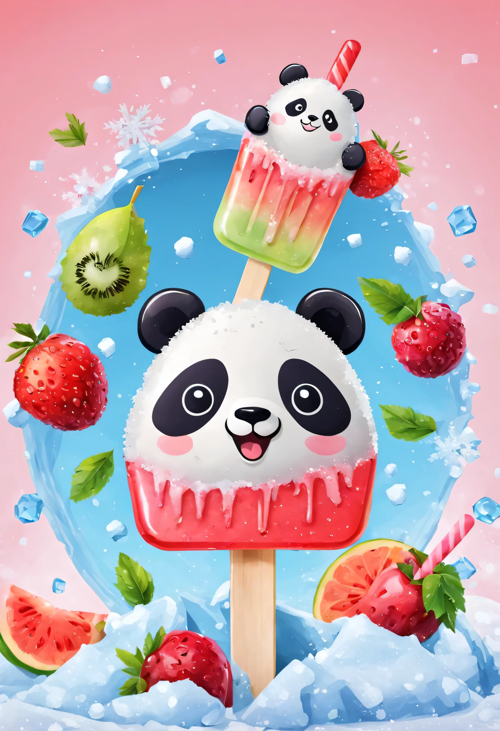 Cartoon Panda Fruit Popsicle，Cute creative popsicles，frozen texture,snow,ice cold,cold,Crystal ice,summer,Delicious fruits,color layout,Crushed ice,Refreshing
