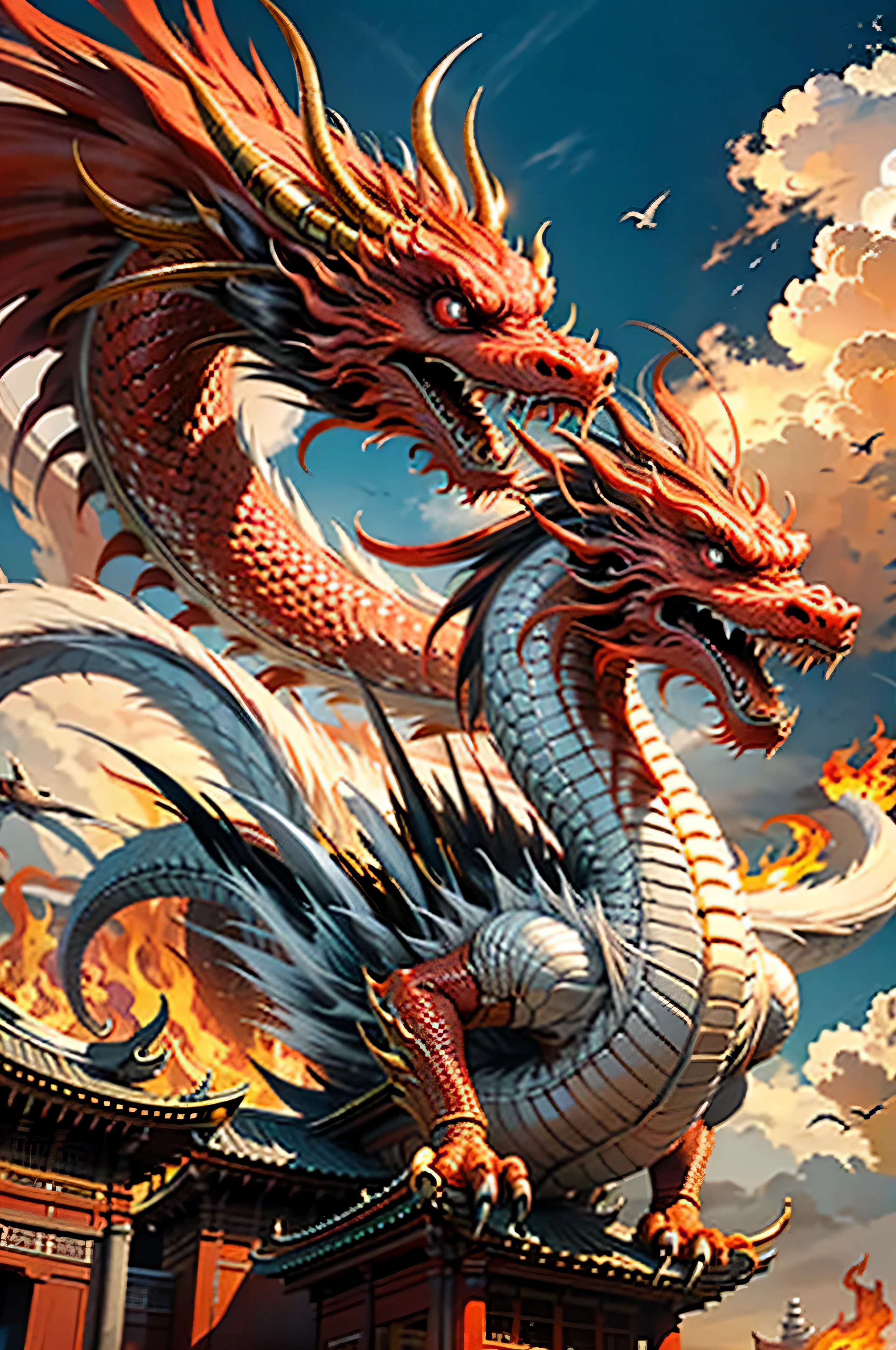 best quality,masterpiece,ultra high resolution,nu no humans, (long:1.2),no humans, cloud, architecture, east asian architecture, red eyes, trumpet, open mouth, Sky, fangs, Oriental Dragon, cloudy Sky, teeth, flight, fire, bird, wing